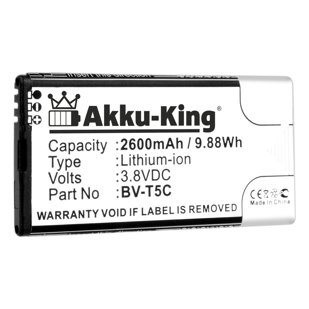 BV-T5C Akku 2600mAh Handy-Akku, Li-Ion Nokia Volt, AKKU-KING mit kompatibel 3.8