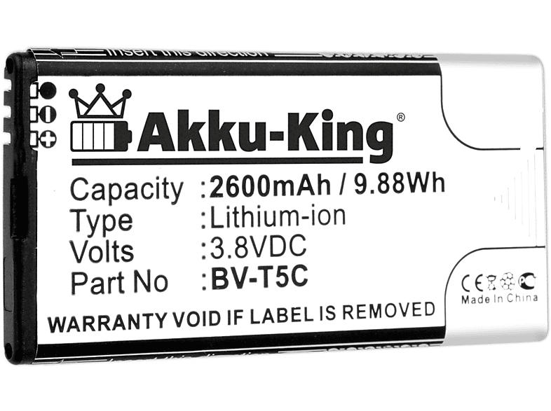 AKKU-KING Akku kompatibel mit Nokia BV-T5C Li-Ion Handy-Akku, 3.8 Volt, 2600mAh