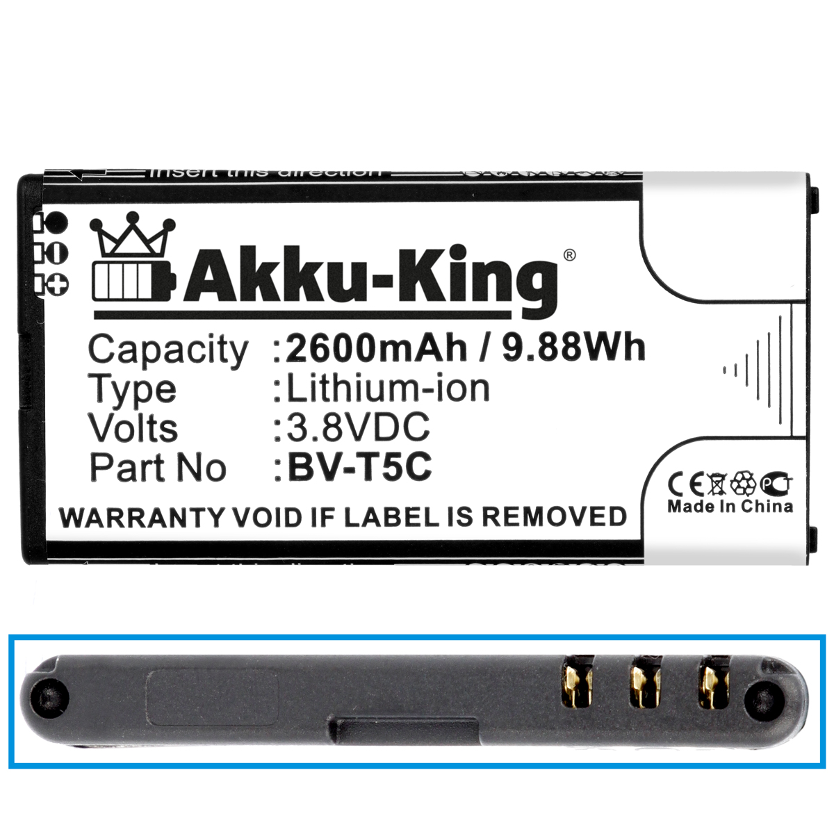 Li-Ion Akku mit kompatibel Handy-Akku, Nokia BV-T5C Volt, 3.8 2600mAh AKKU-KING