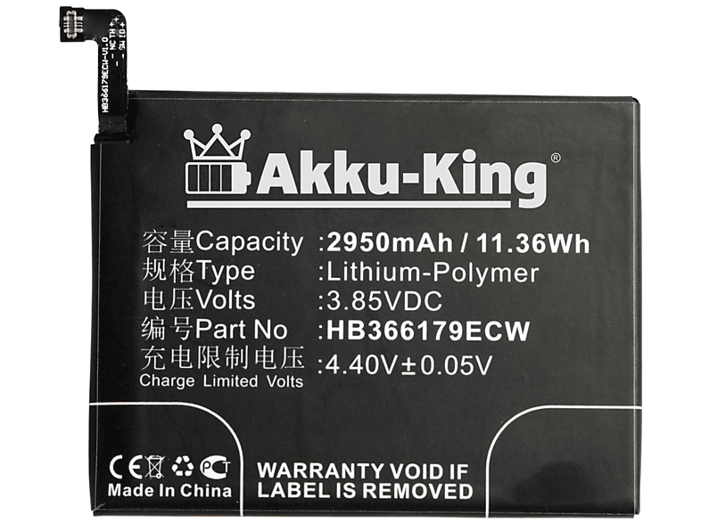 AKKU-KING Akku kompatibel mit Huawei HB366179ECW Li-Polymer Handy-Akku, 3.8 Volt, 2950mAh