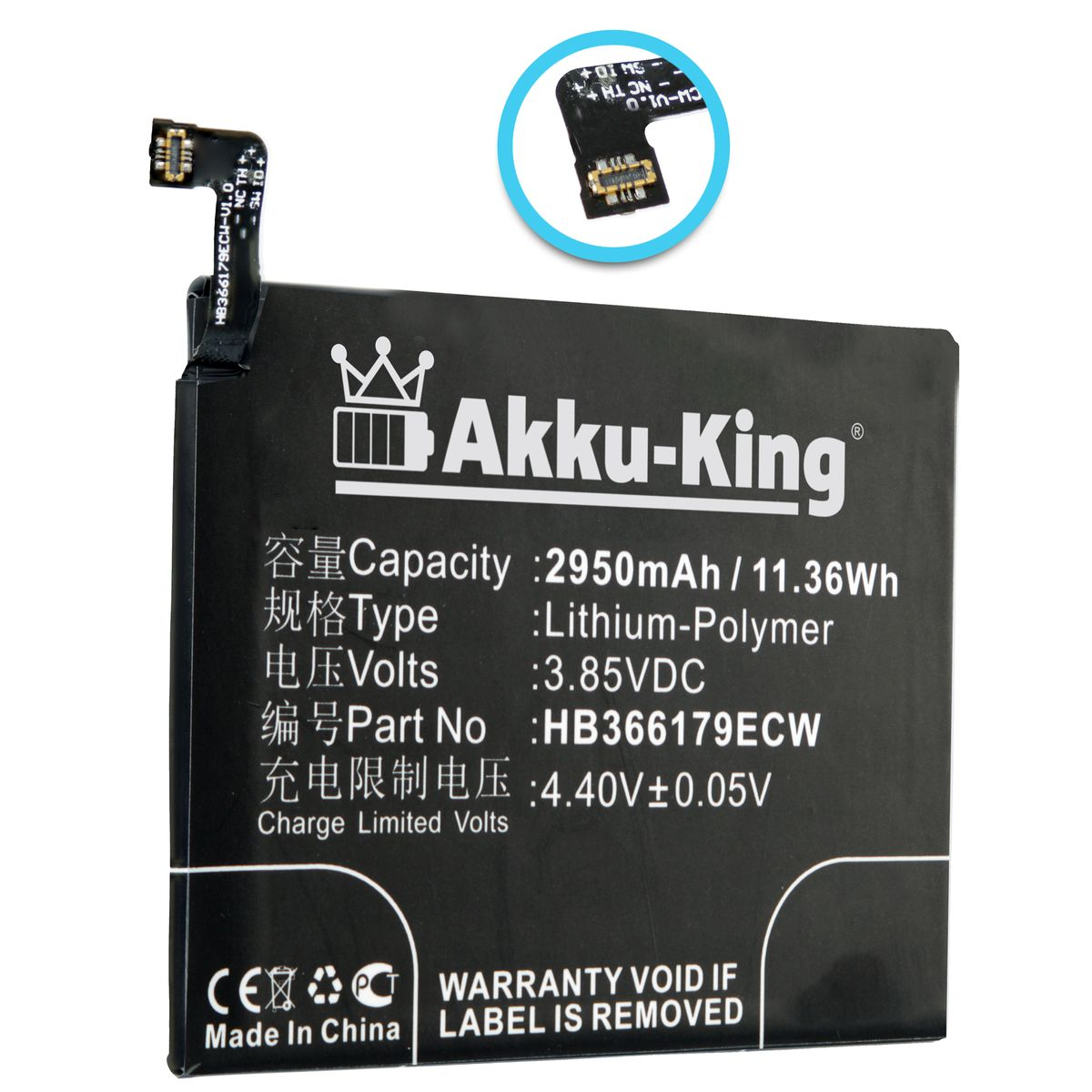 AKKU-KING Li-Polymer Huawei kompatibel Handy-Akku, mit Akku 3.8 Volt, 2950mAh HB366179ECW
