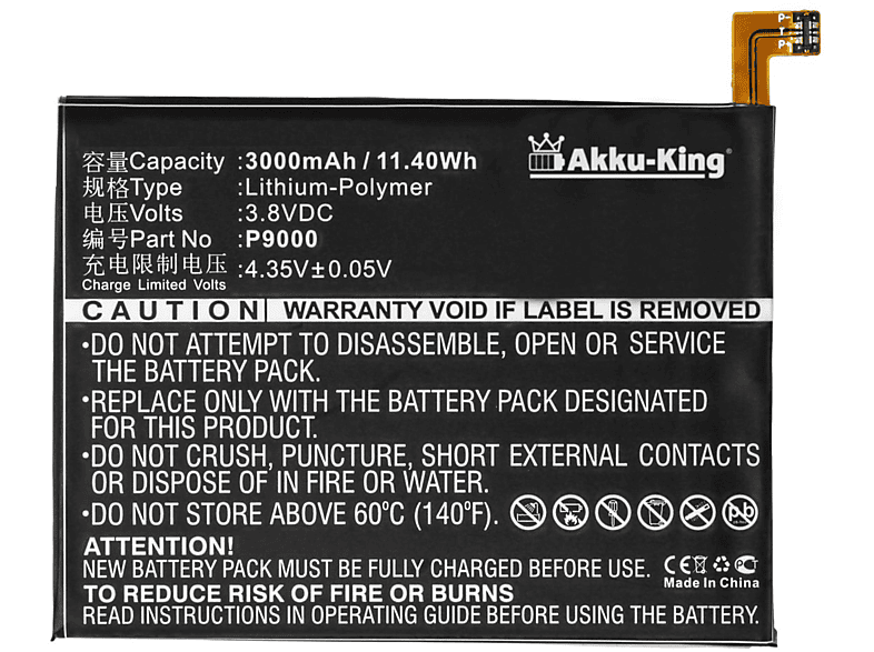 AKKU-KING Akku kompatibel mit Elephone P9000 Li-Polymer Handy-Akku, 3.8 Volt, 3000mAh