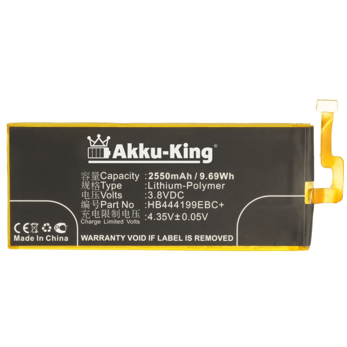 Handy-Akku, Li-Polymer HB444199EBC+ Akku Huawei kompatibel mit 3.8 AKKU-KING Volt, 2550mAh