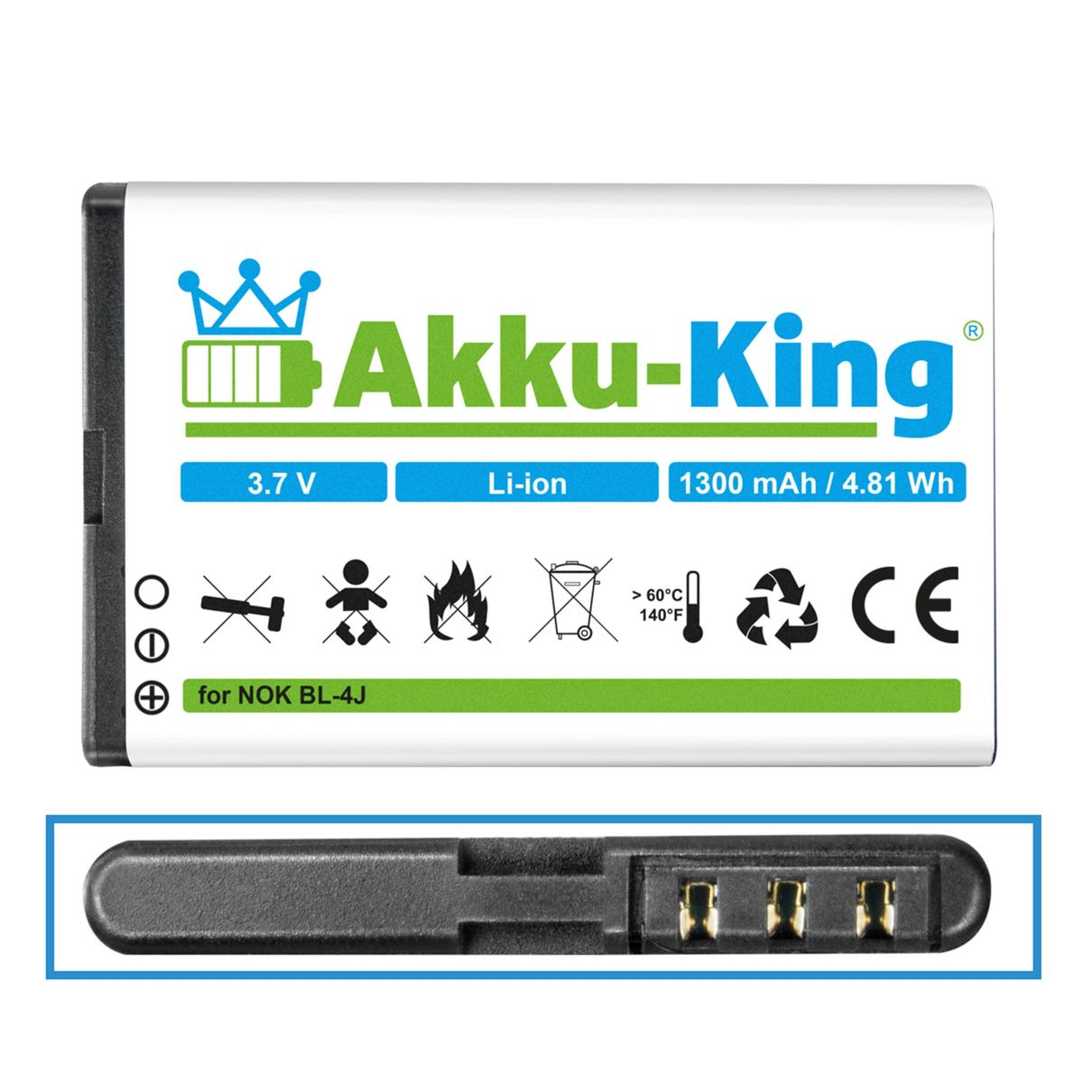AKKU-KING Akku kompatibel Volt, 3.7 1300mAh Nokia Li-Ion Handy-Akku, BL-4J mit