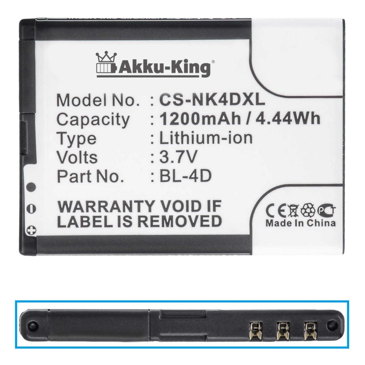 Handy-Akku, Li-Ion Volt, 3.7 mit AKKU-KING 1200mAh BL-4D kompatibel Nokia Akku