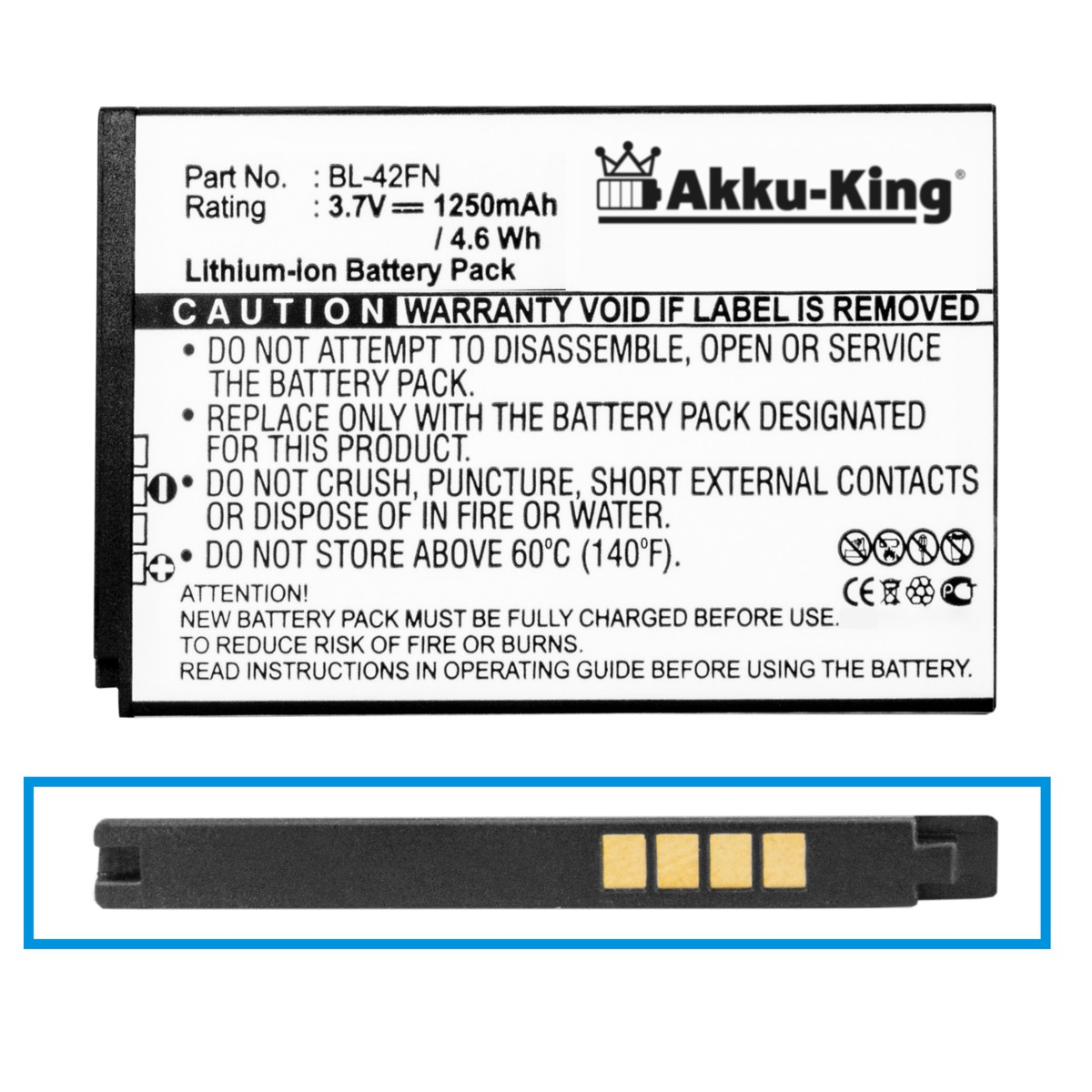 kompatibel Handy-Akku, 1250mAh Li-Ion 3.7 Volt, LG BL-42FN Akku mit AKKU-KING