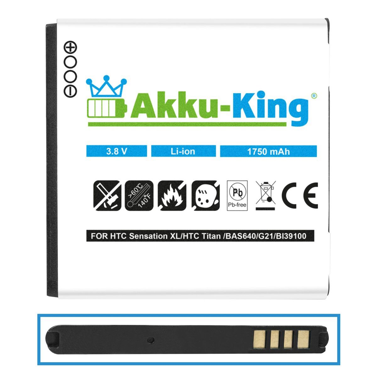 BA Akku kompatibel HTC Volt, 1750mAh mit 3.8 S640 AKKU-KING Li-Ion Handy-Akku,