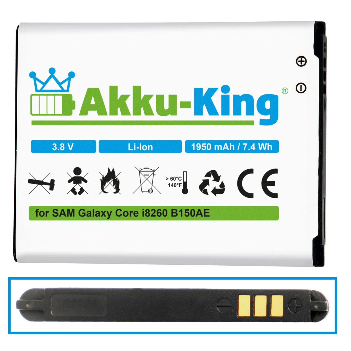 Li-Ion B150AE kompatibel mit Handy-Akku, Volt, Samsung 1950mAh Akku AKKU-KING 3.8