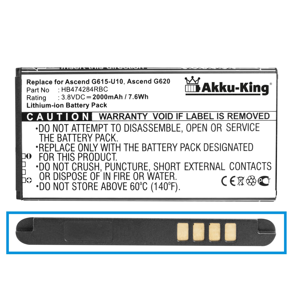 kompatibel Handy-Akku, Li-Ion Akku Volt, AKKU-KING Huawei mit 3.8 2000mAh HB474284RBC