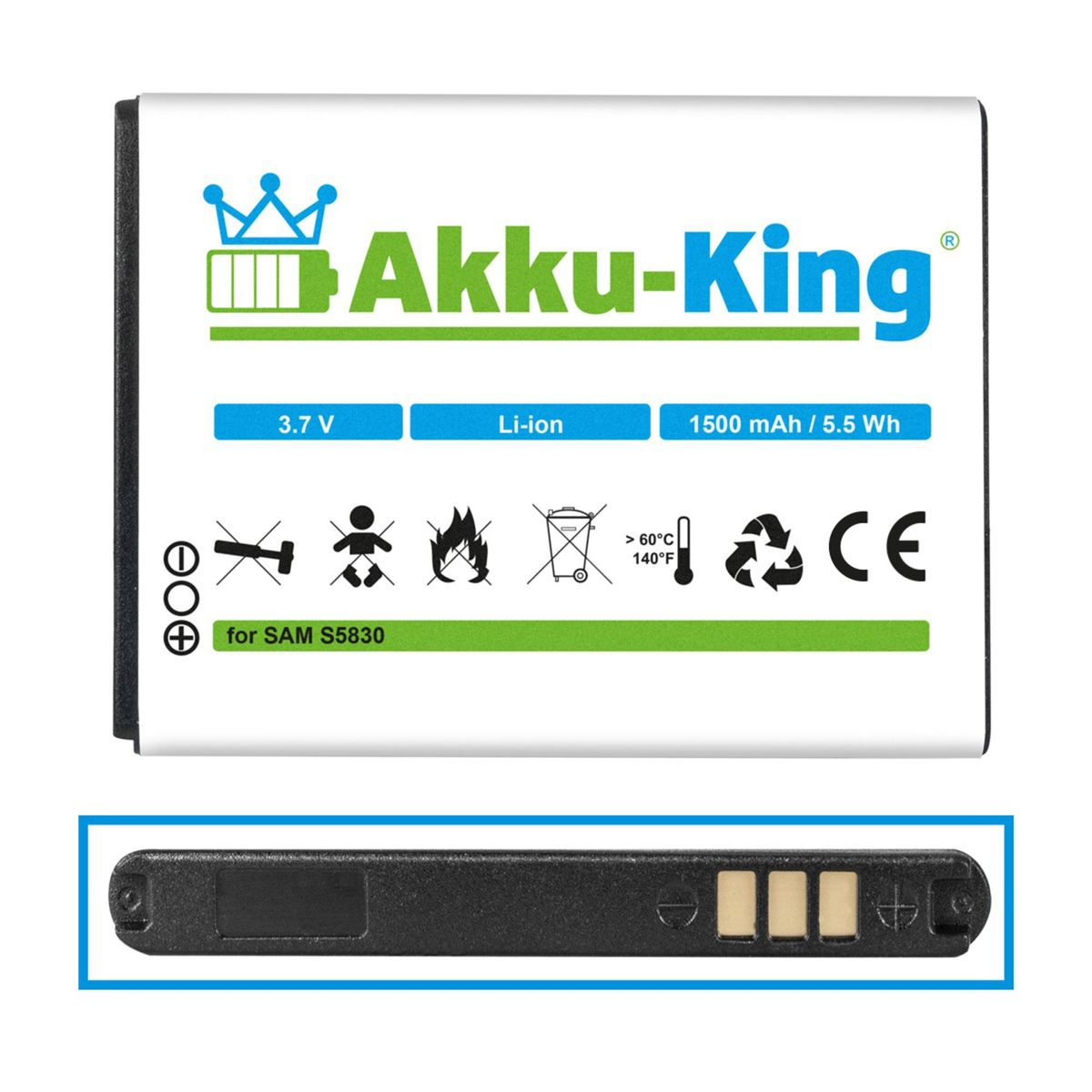kompatibel Li-Ion mit AKKU-KING Akku 1500mAh EB494358VU Samsung Handy-Akku, 3.7 Volt,