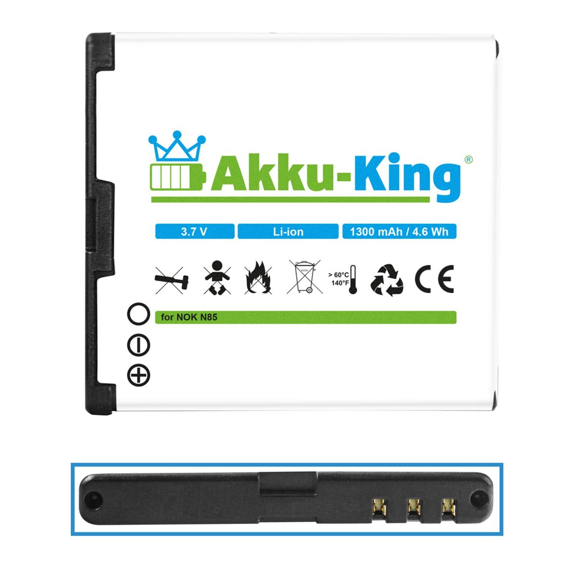 Handy-Akku, Nokia BL-5K Volt, 3.7 kompatibel mit 1300mAh AKKU-KING Li-Ion Akku