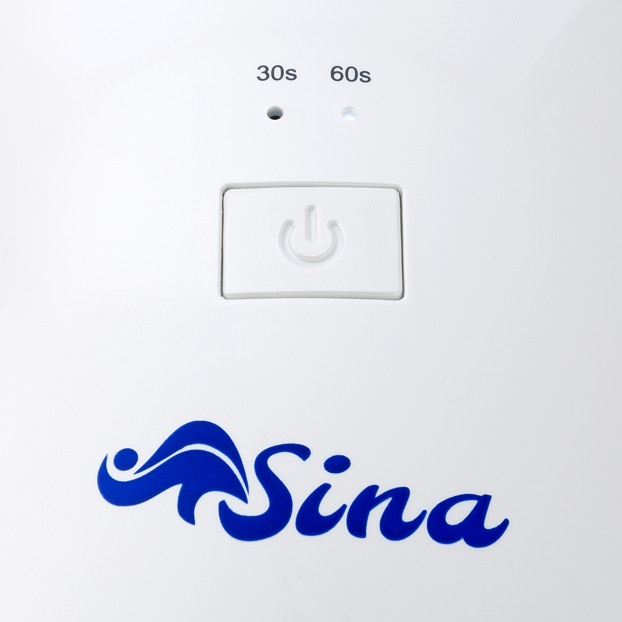 Nahaufnahme eines weißen Geräts mit Ein-/Aus-Taste und blauem 'Sina'-Logo.