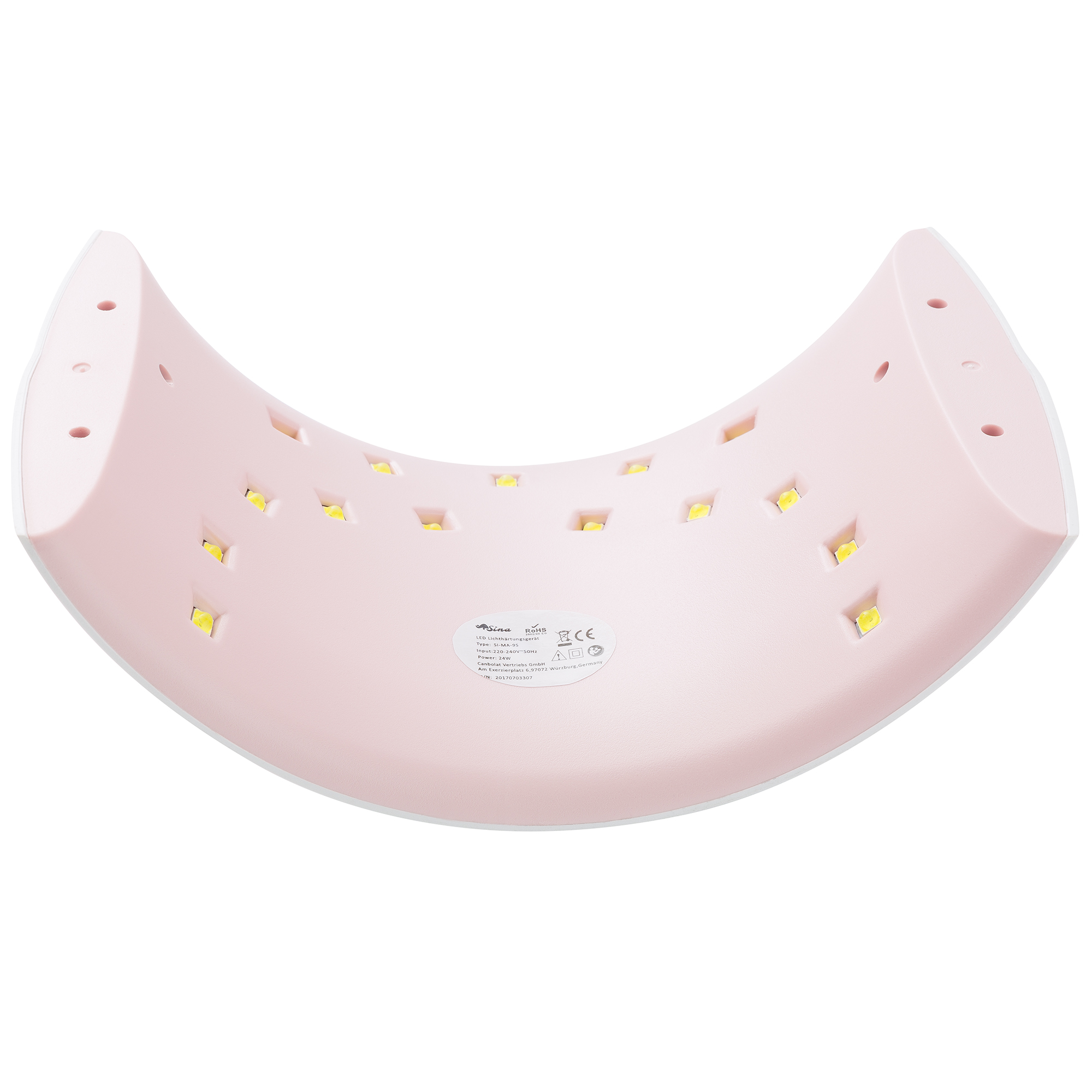 Eine rosa UV-Nagellampe, geschwungenes Design mit weißem Rand und zahlreichen kleinen gelben Lichtern im Inneren, Draufsicht.