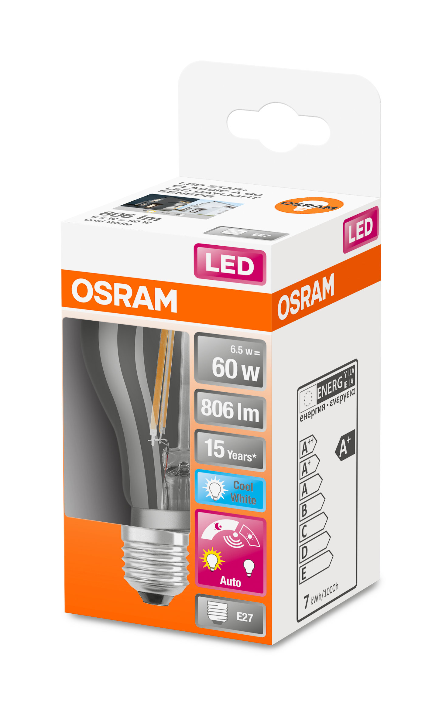 Verpackte LED-Glühbirne, zeigt die Glühbirne, Spezifikationen und die Marke 'OSRAM'.