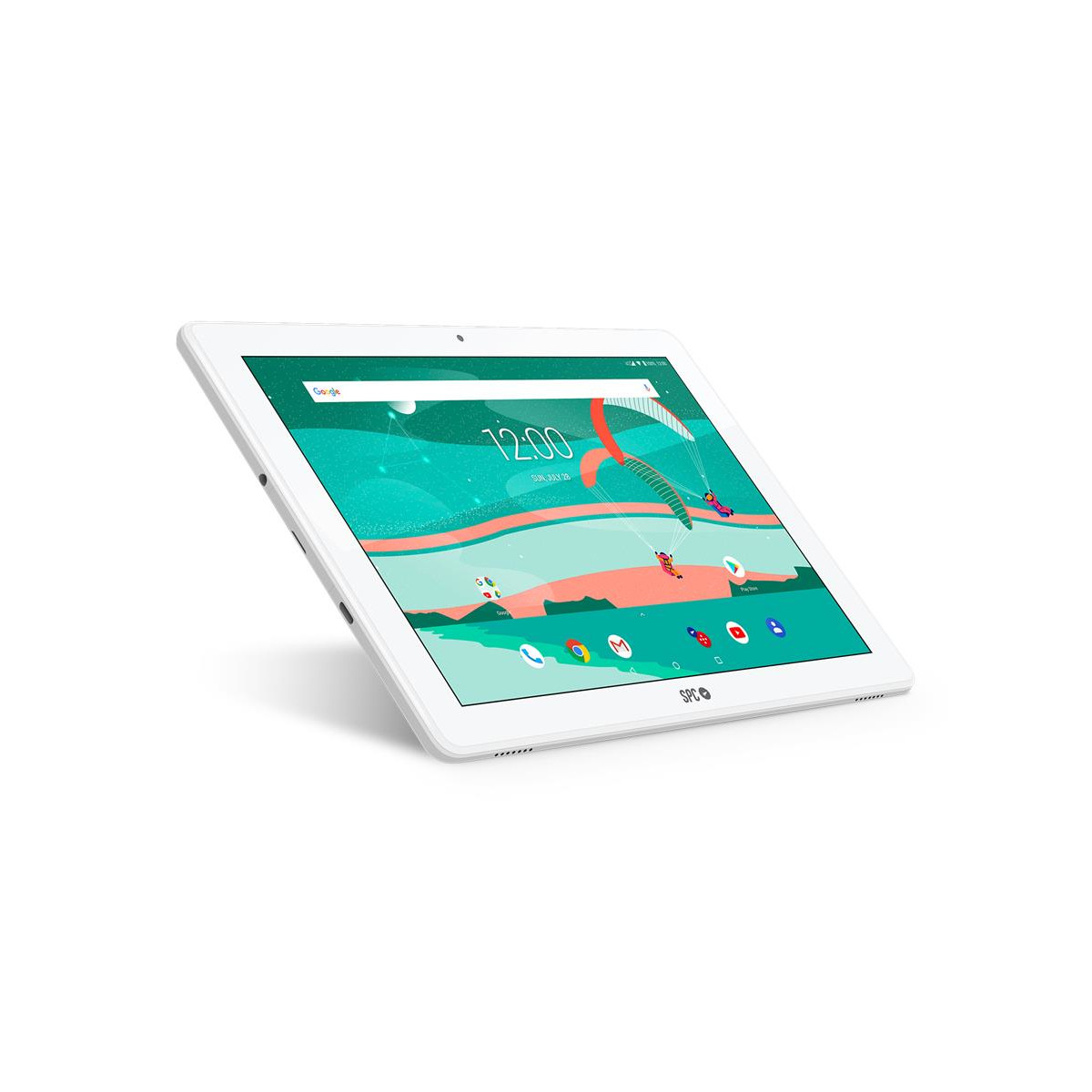 Tableta blanca con pantalla colorida que muestra un reloj digital, cielo y parapente.
