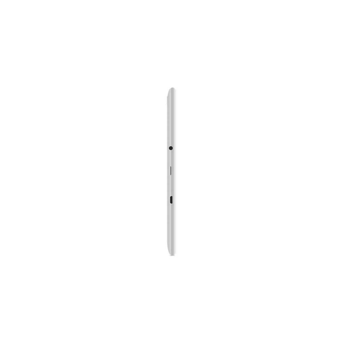 Dispositivo de tableta blanca, visto de lado. Tiene un diseño simple y elegante con algunos botones en el lateral.