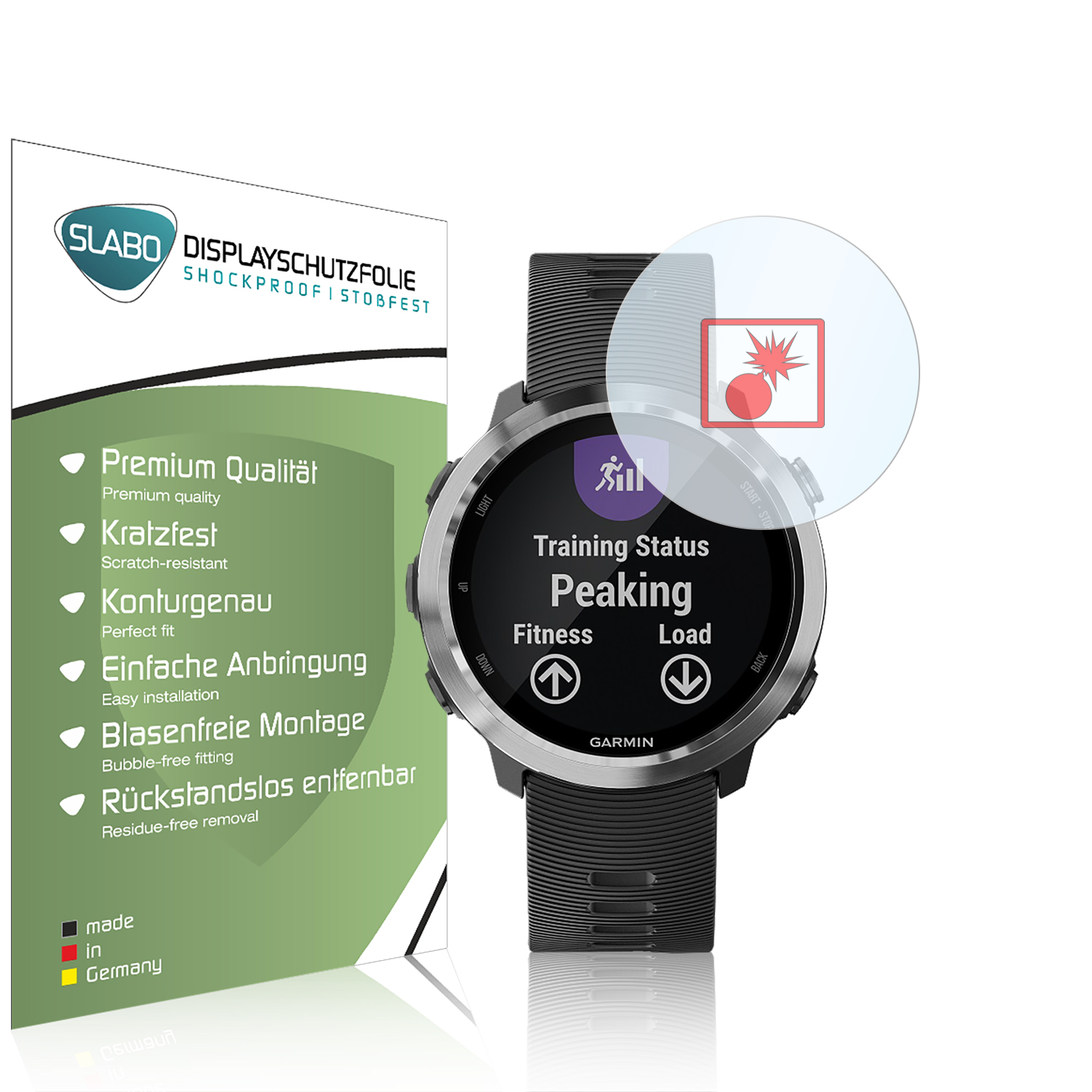 Smartwatch mit Displayschutzfolie, zeigt Fitness-App-Oberfläche.