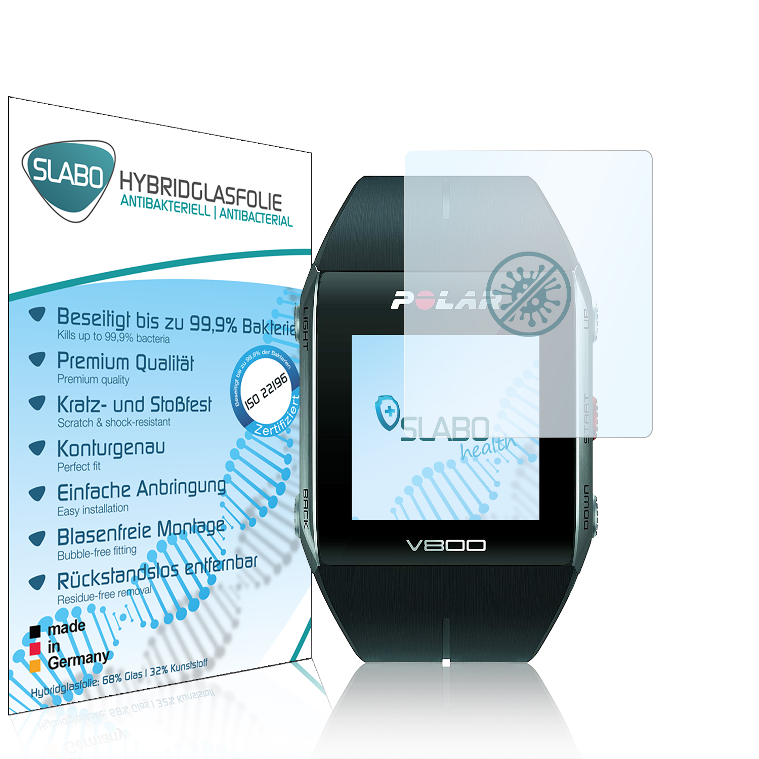 Smartwatch mit Displayschutzfolie und Verpackung, weißer Hintergrund.