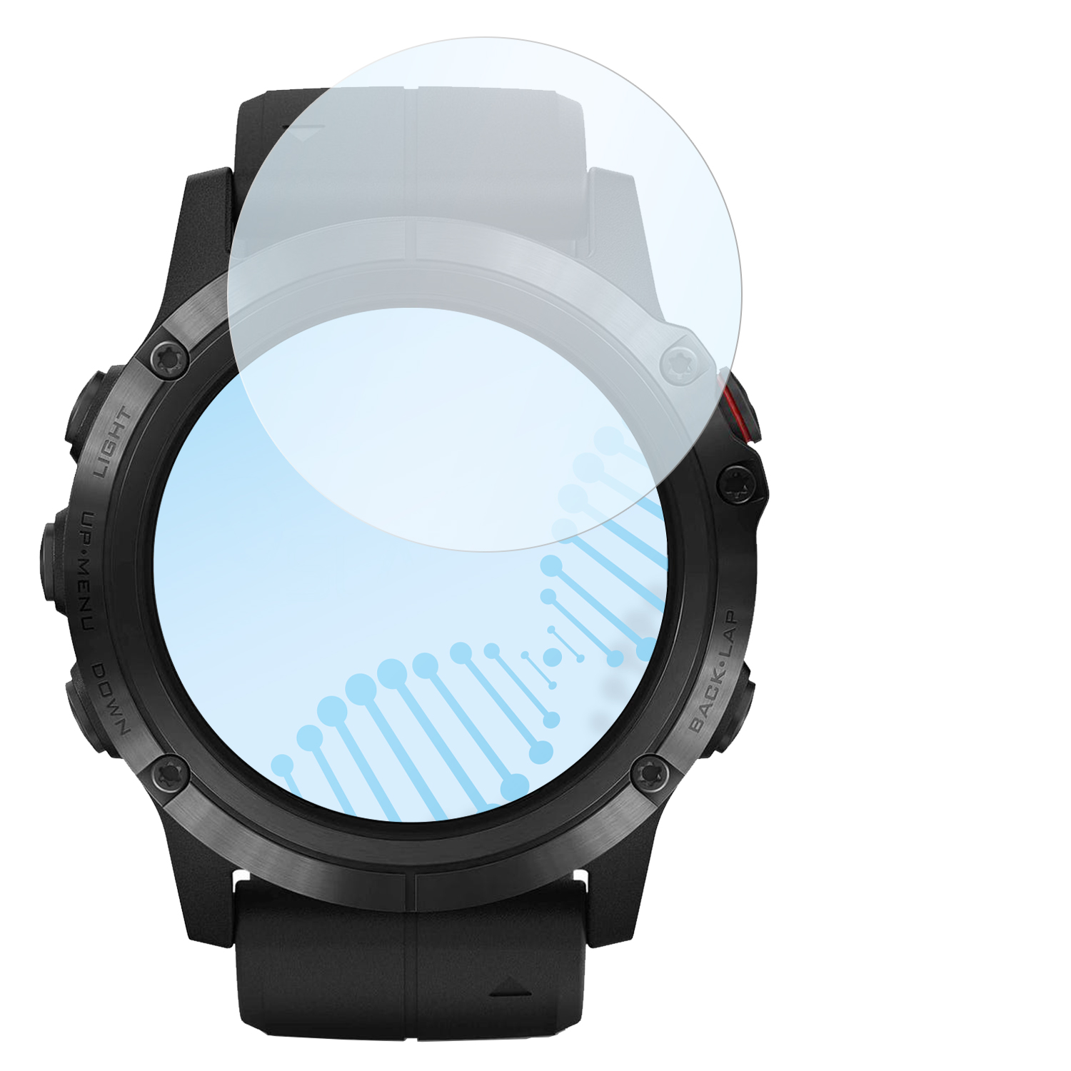 Schwarze Smartwatch mit angebrachtem Displayschutz. Der Bildschirm zeigt einen blauen DNA-Strang.