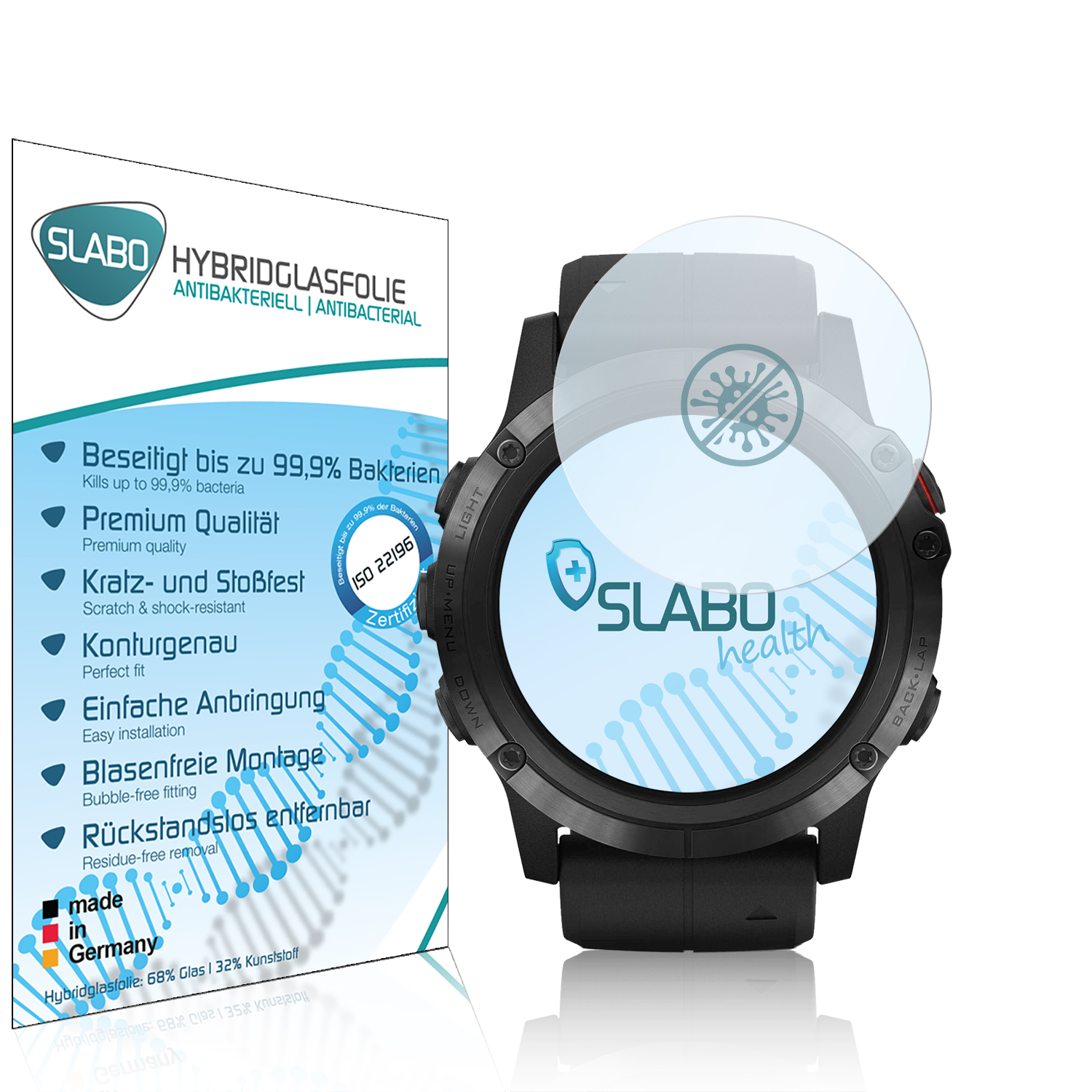 Smartwatch mit Displayschutz und Verpackung. Text auf der Verpackung: tötet bis zu 99,9 % Bakterien, kratzfest.