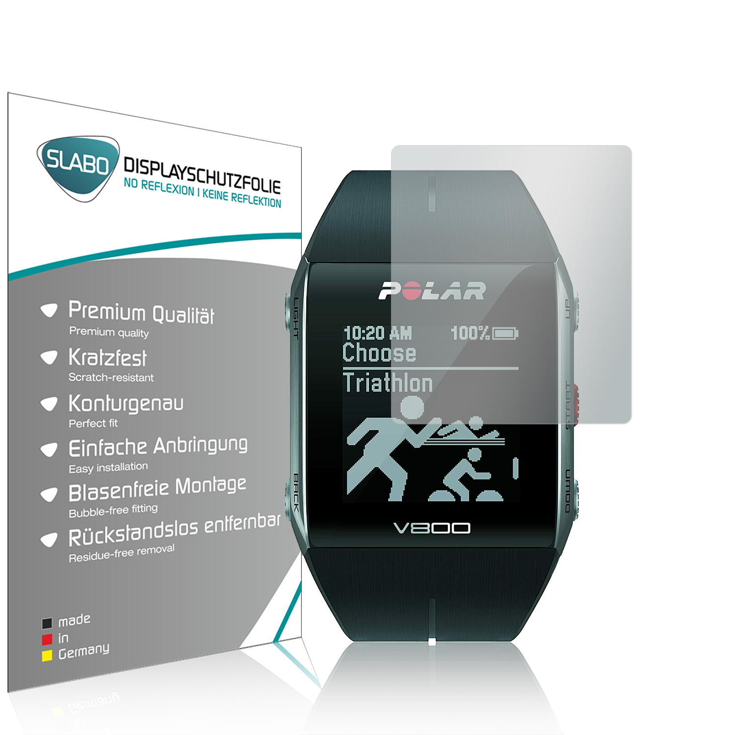 Smartwatch mit Displayschutzfolie, zeigt Zeit und Triathlon-Infos.
