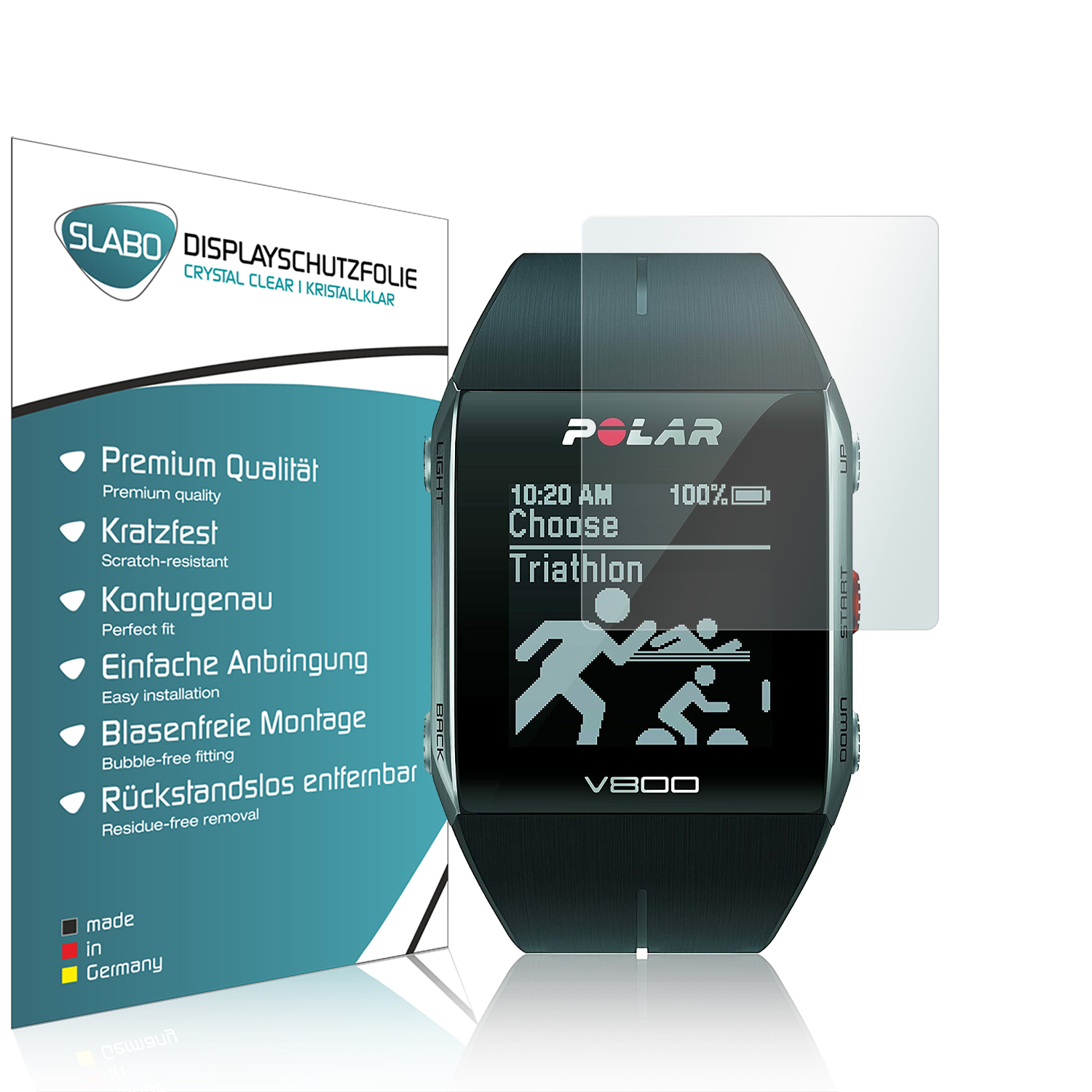 Eine Smartwatch zeigt 'Triathlon' an, mit Displayschutzfolie und Produktbox links.