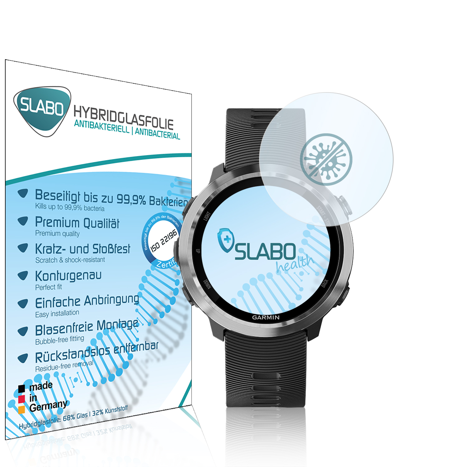 Eine Smartwatch mit Displayschutz und einer Box mit Text über Bakterien.