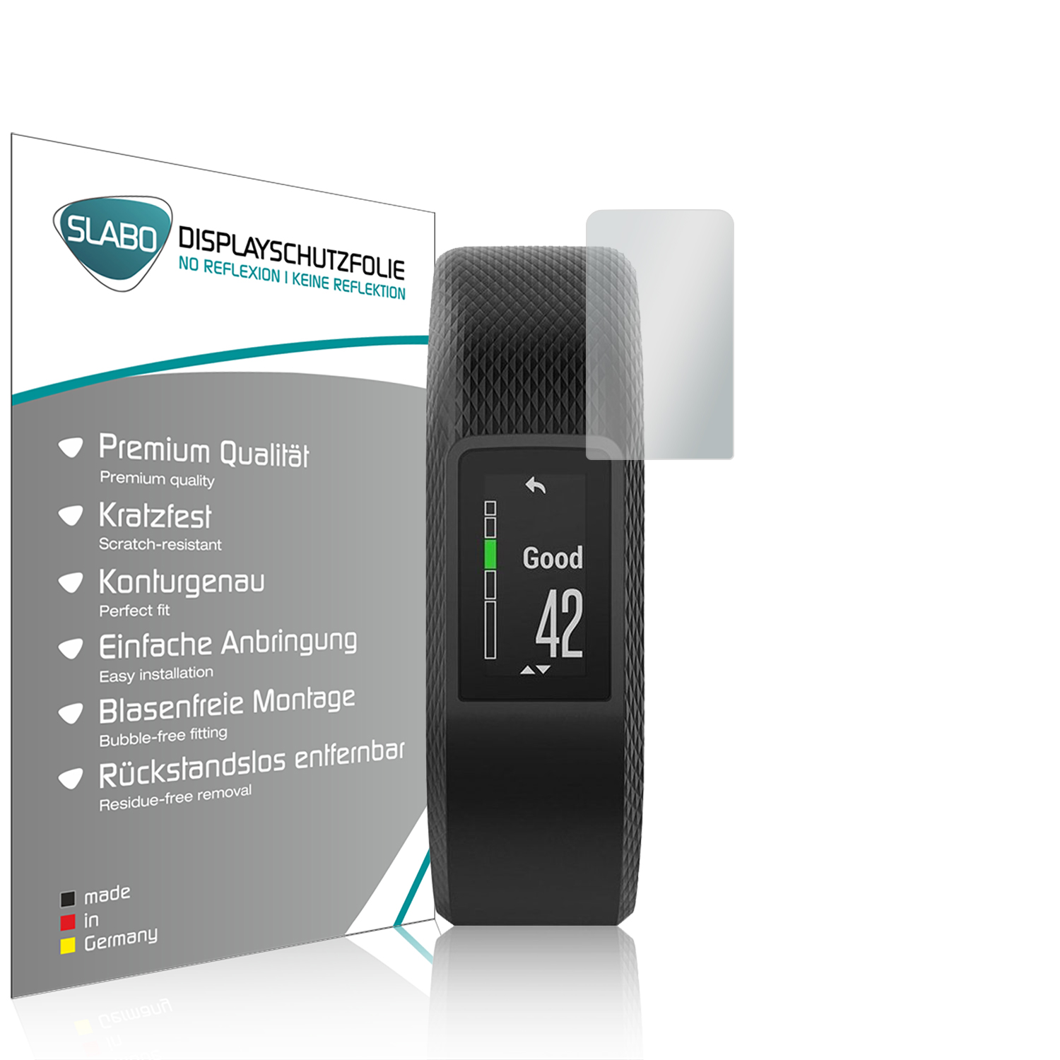 Ein Fitnesstracker mit Displayschutzfolienbox und Schutz, zeigt einen Bildschirm.