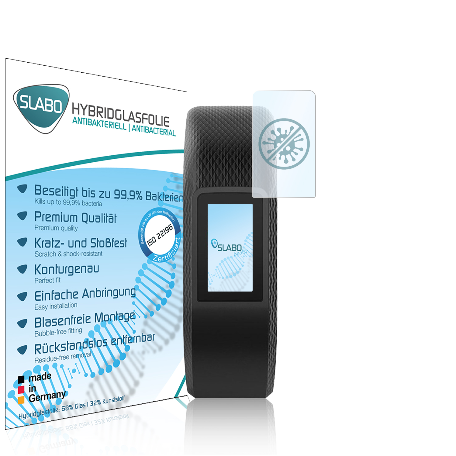 Ein schwarzer Fitnesstracker mit Displayschutzfolie und Text.