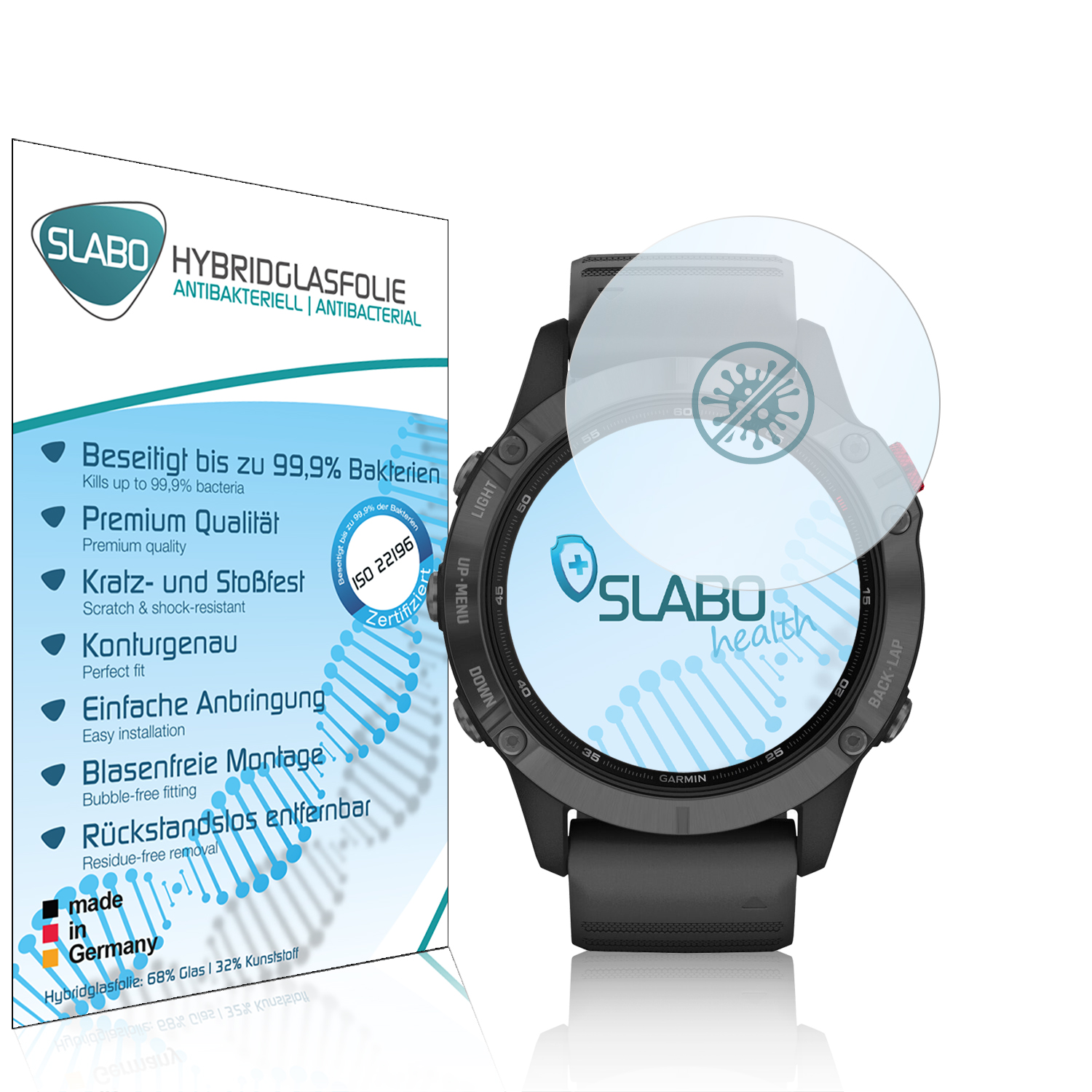 Eine Smartwatch und eine Schutzfolienverpackung werden mit Text und Grafiken angezeigt.