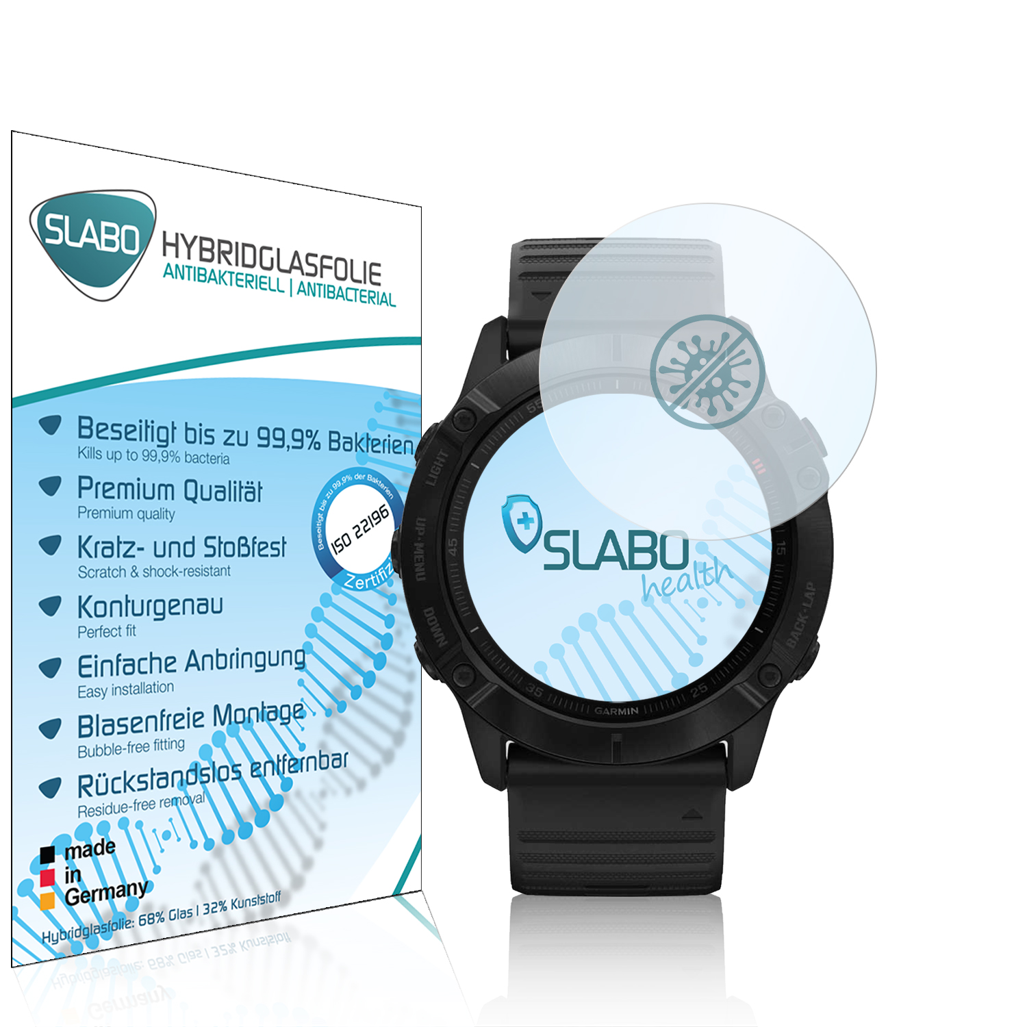 Schwarze Smartwatch mit Schutzfolie und Verpackung. Die Verpackung zeigt Text und eine Smartwatch.