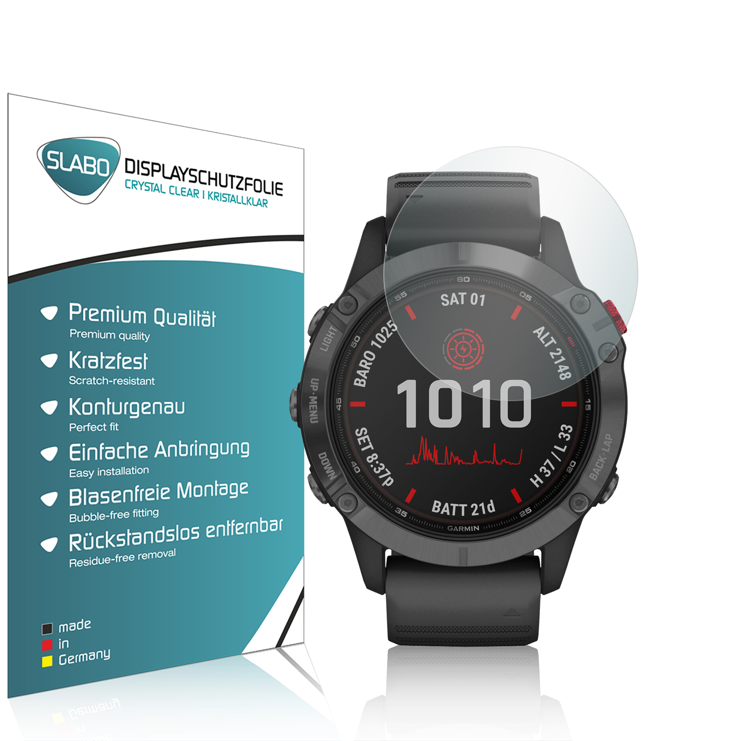 Smartwatch mit Displayschutzfolie und einer Box. Der Bildschirm zeigt Daten an.