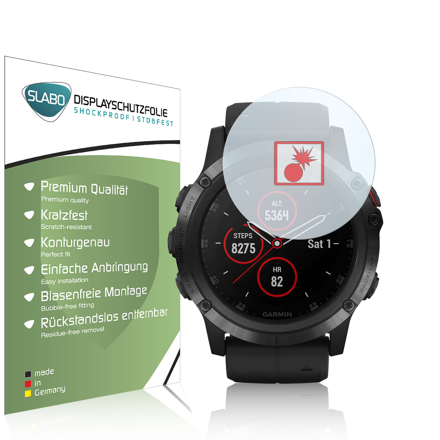 Eine Garmin Smartwatch mit Displayschutz, zeigt das Zifferblatt. Eine Box mit Text links.