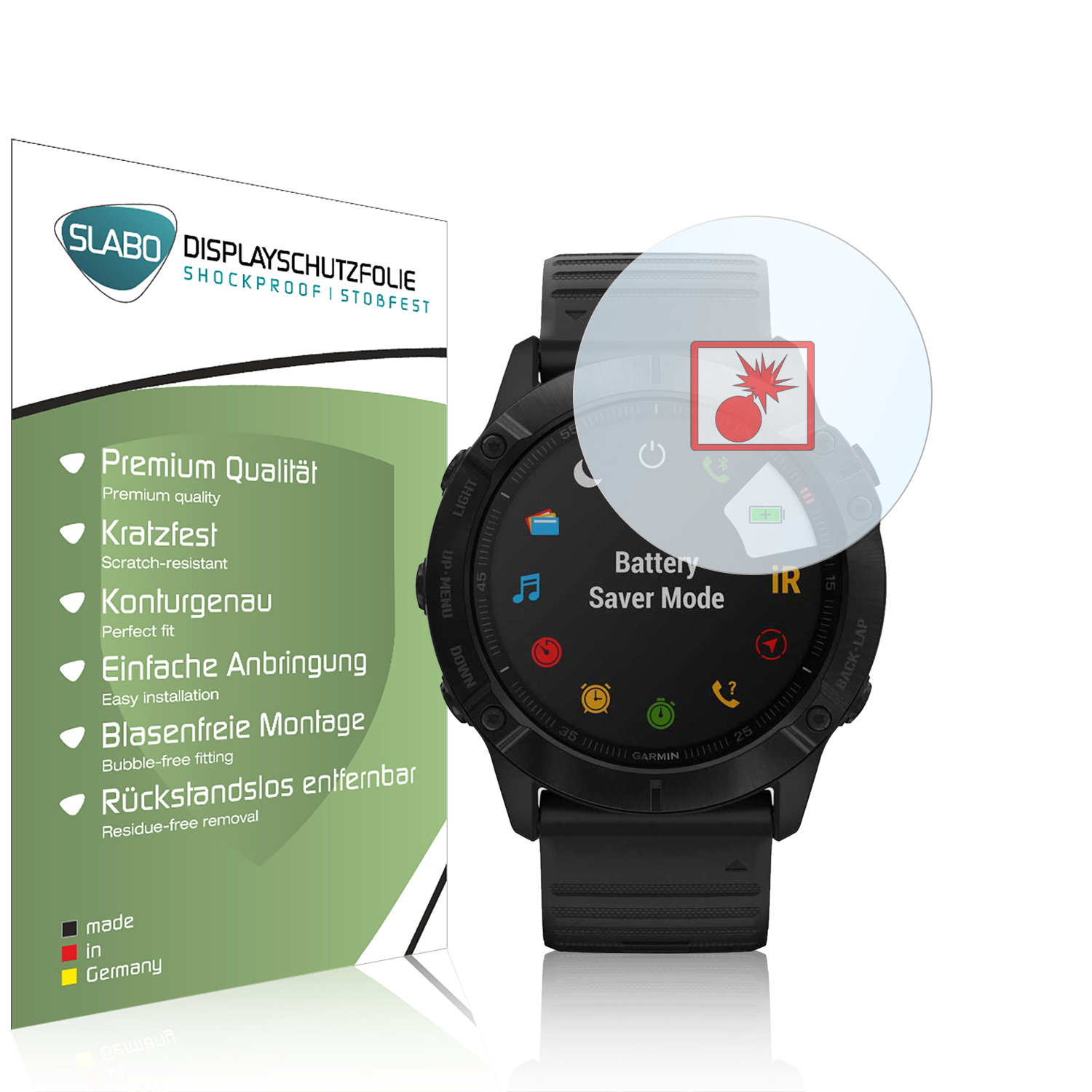 Schwarze Garmin Smartwatch mit Displayschutzfolie, die ein rotes Explosionssymbol zeigt.