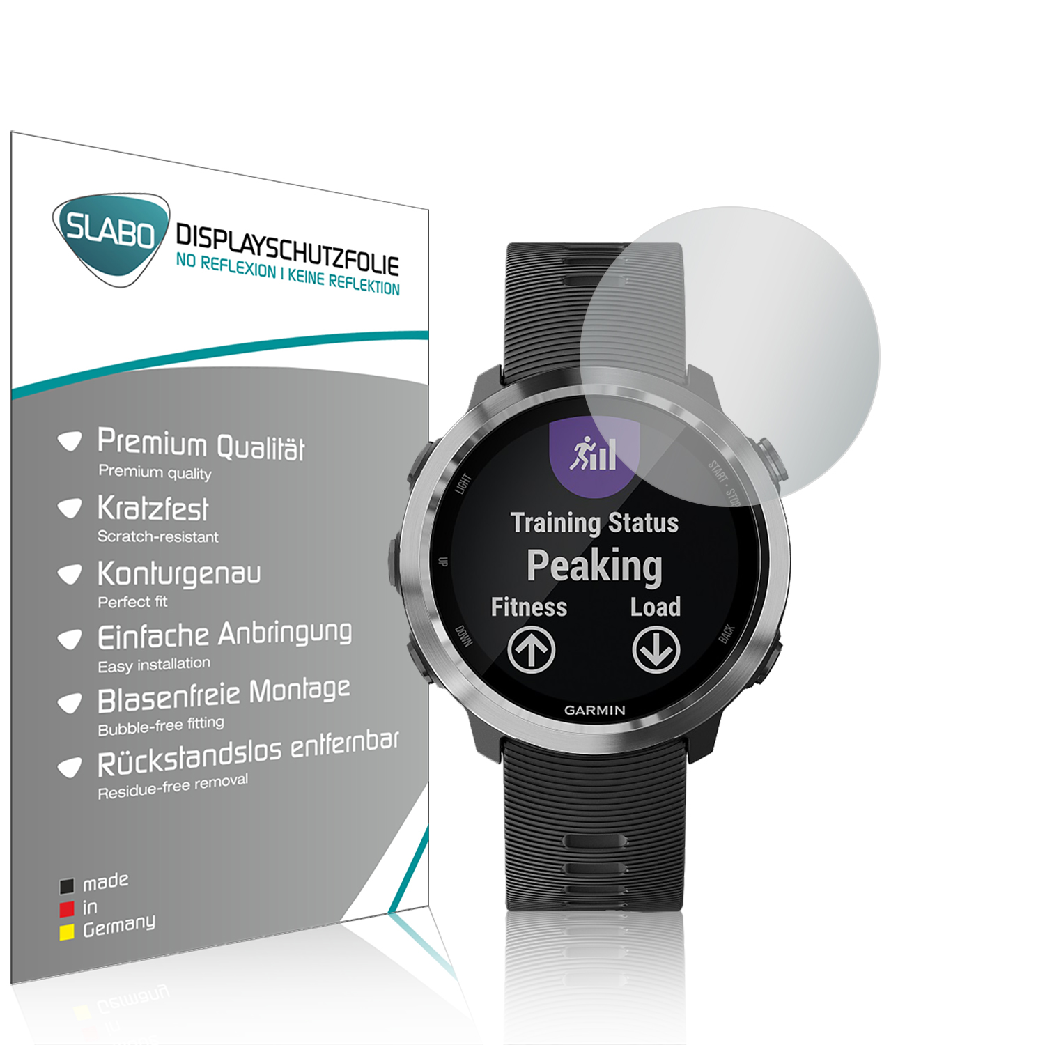 Smartwatch mit Displayschutz und Text. Der Bildschirm zeigt 'Training Status'. Weißer Hintergrund.