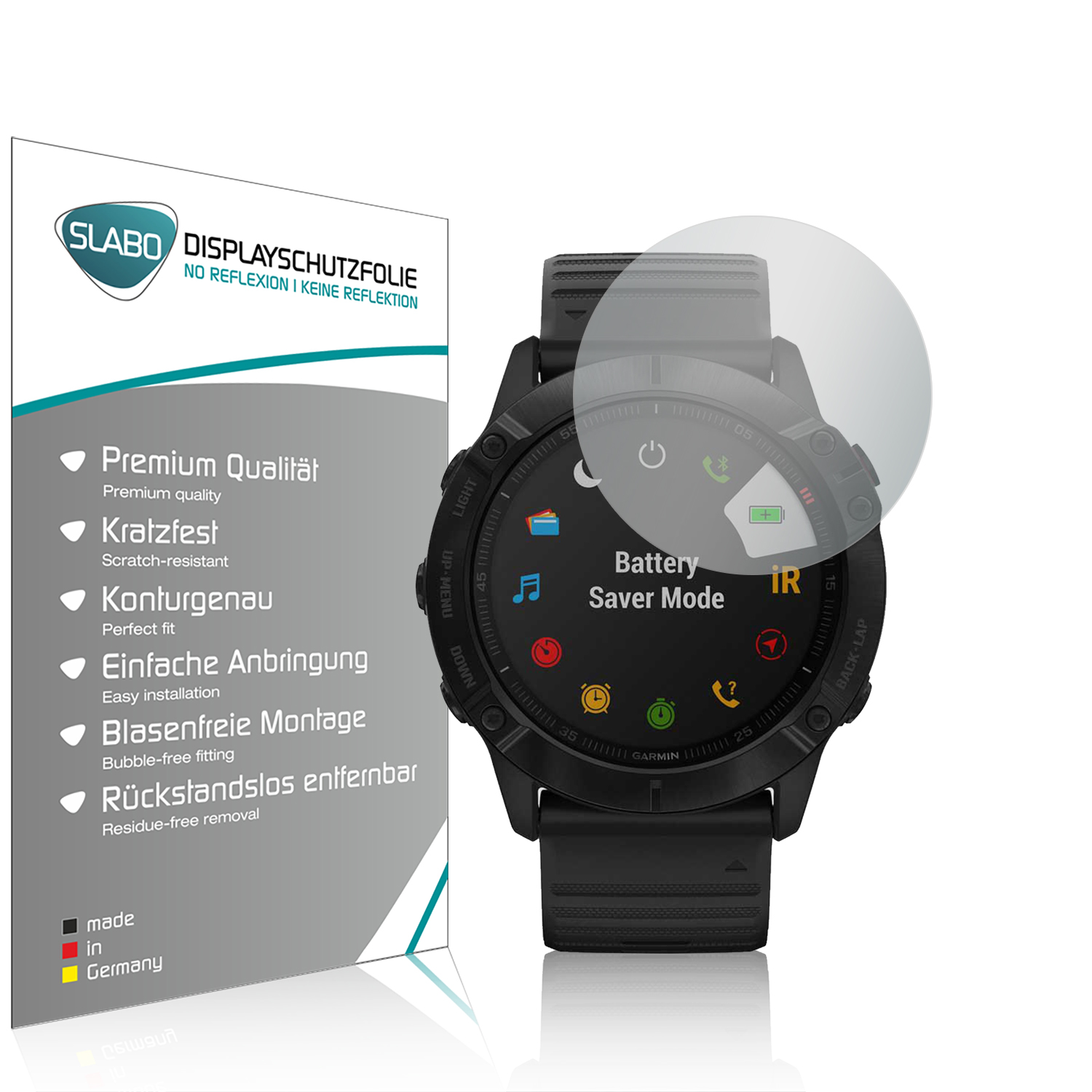 Eine schwarze Smartwatch mit Displayschutzfolie und Text.