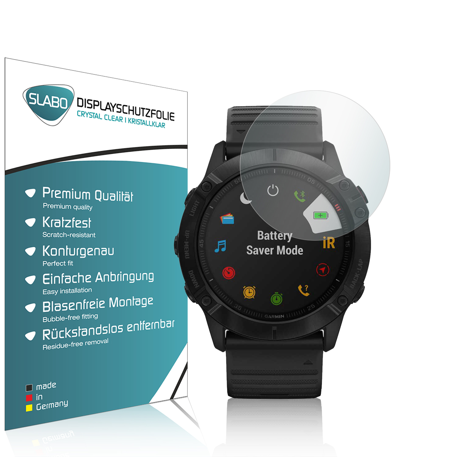Schwarze Smartwatch mit Displayschutzfolie, Verpackung links. Schutzfolientext: SLABO DISPLAY. Uhr zeigt Batteriesparmodus.