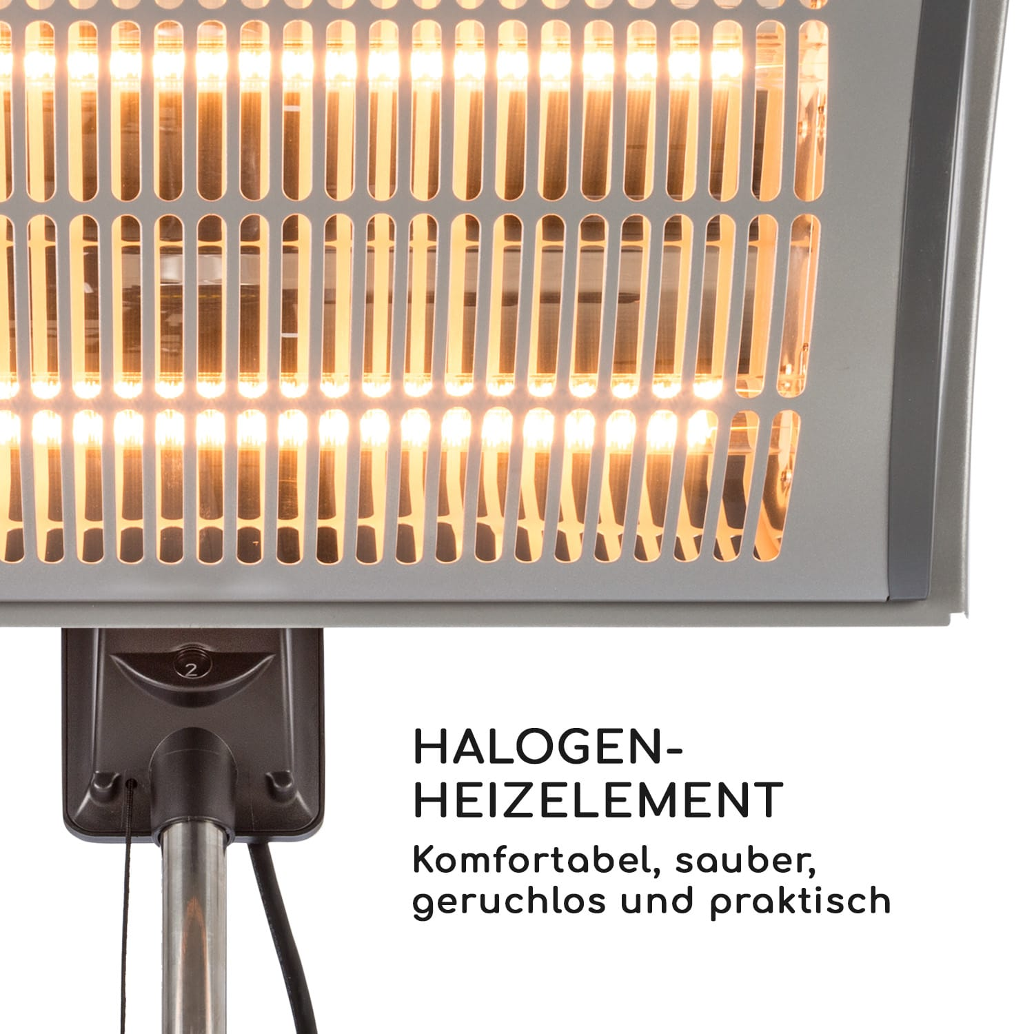 Nahaufnahme eines Halogen-Heizelements. Es hat ein Metallgitter und einen schwarzen Sockel.