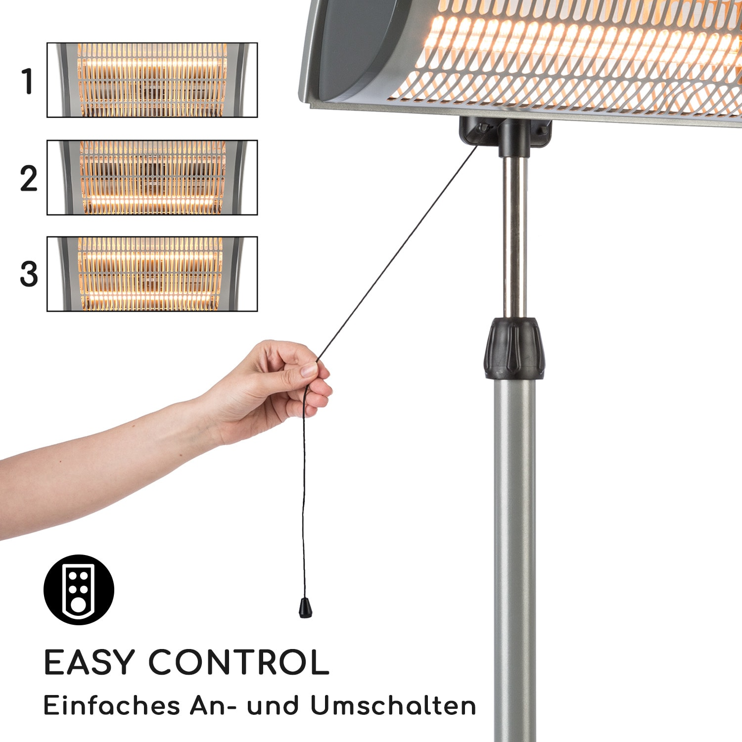 Eine Hand zieht an einer Schnur, um einen stehenden Terrassenheizer mit drei Heizstufen einzustellen.
