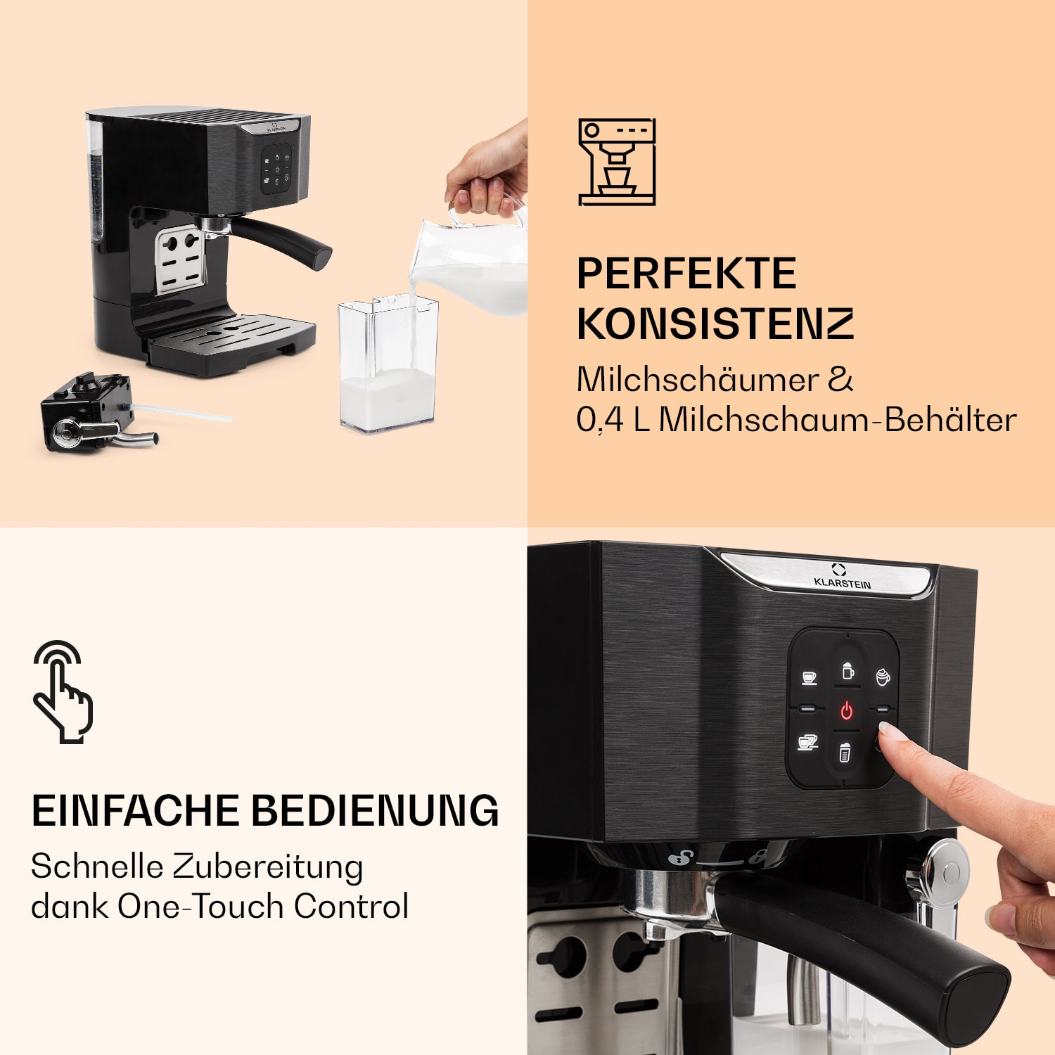 Schwarze Espressomaschine mit Milchaufschäumer und Bedienfeld. Milchgießen und Bedienung.