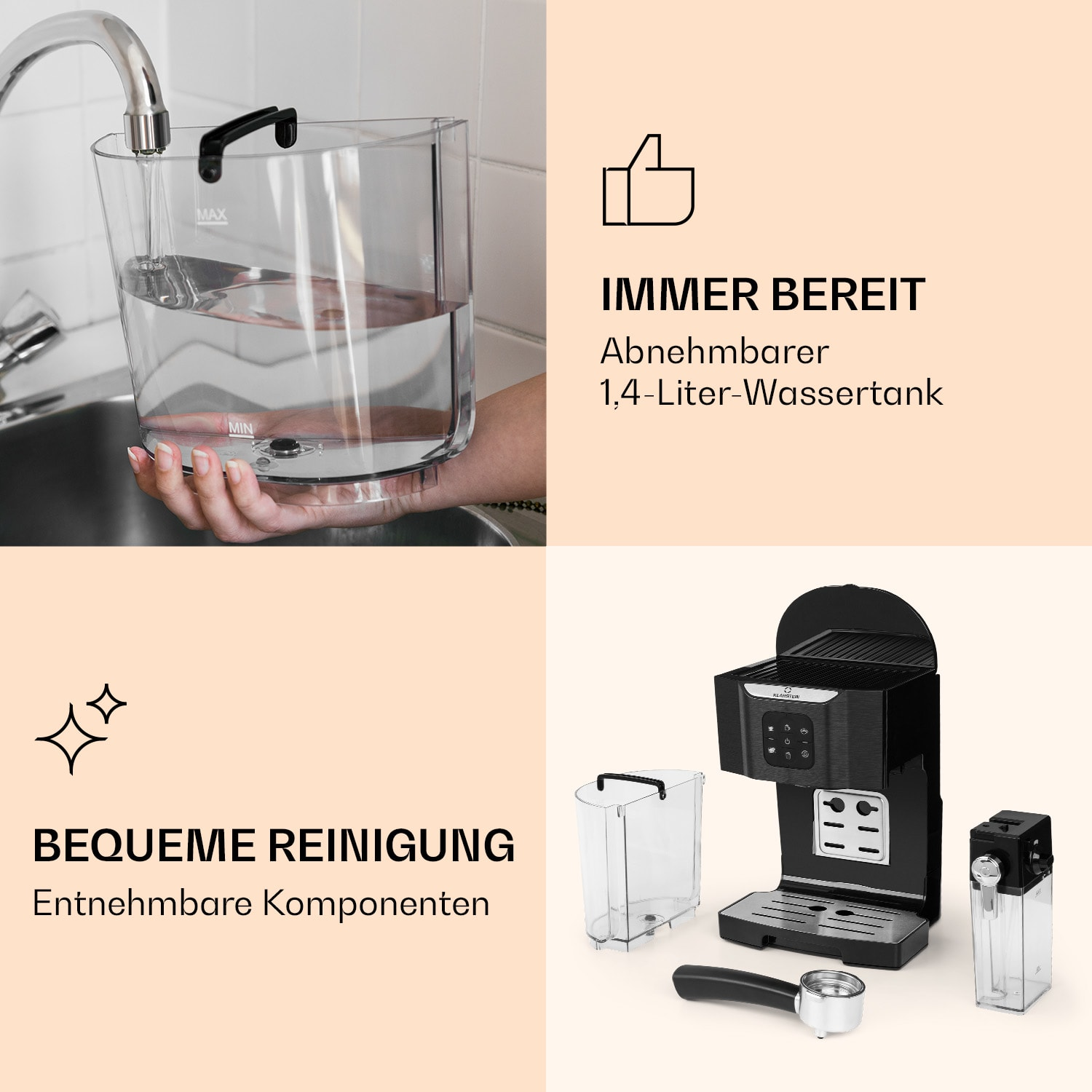 Kaffeemaschine und Zubehör, mit einer Hand, die einen Wassertank hält.