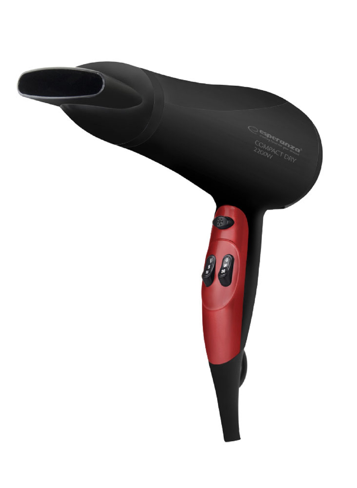 Sèche-cheveux noir et rouge sur fond blanc, incliné vers le spectateur.
