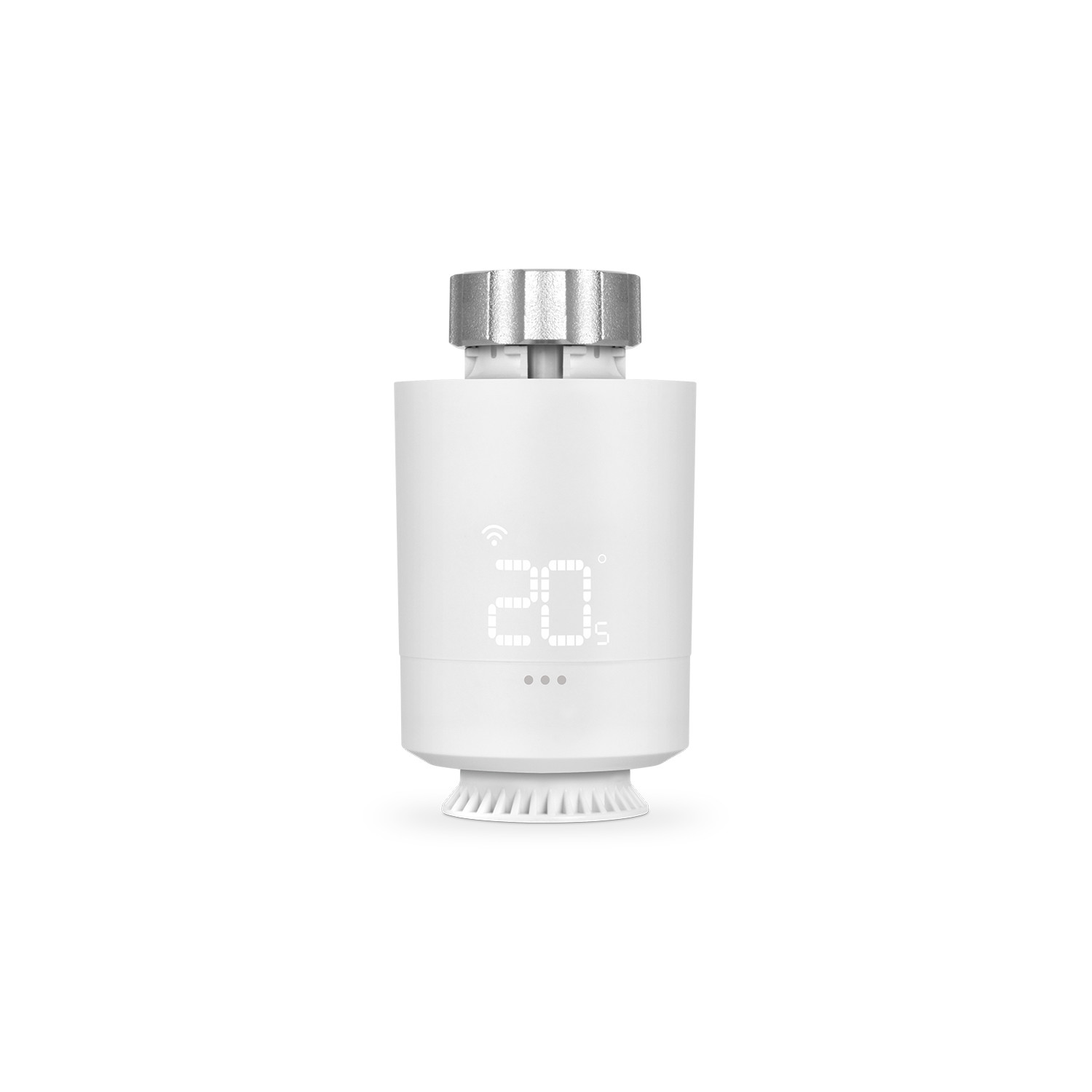Un termostato inteligente blanco con una pantalla digital que muestra la temperatura 20.