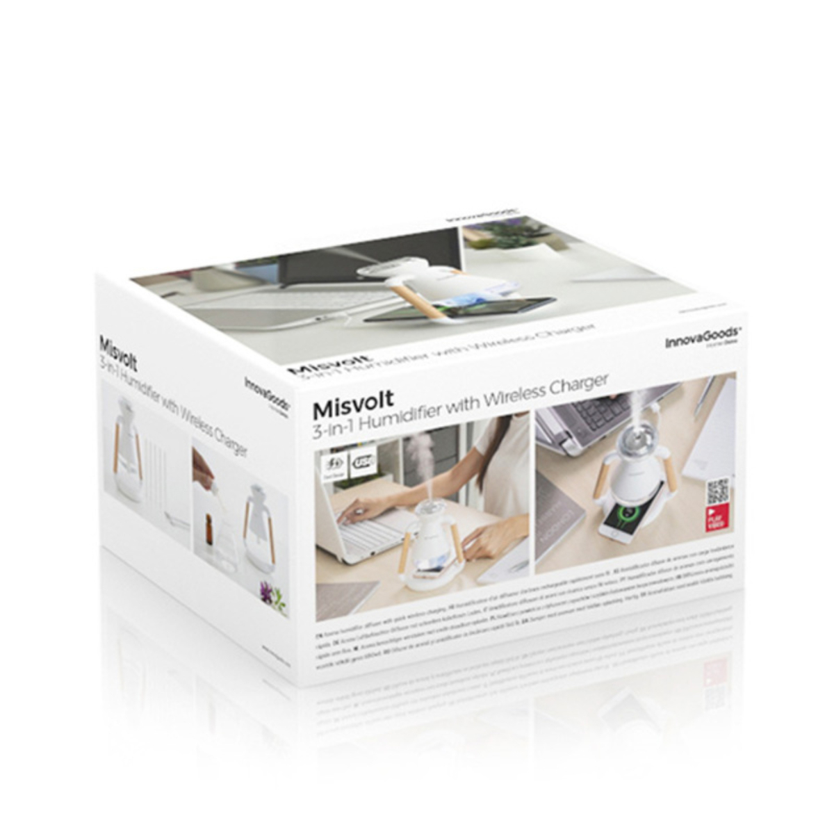 Box eines 3-in-1 Luftbefeuchters mit kabellosem Ladegerät. Mehrere Bilder auf der Box.