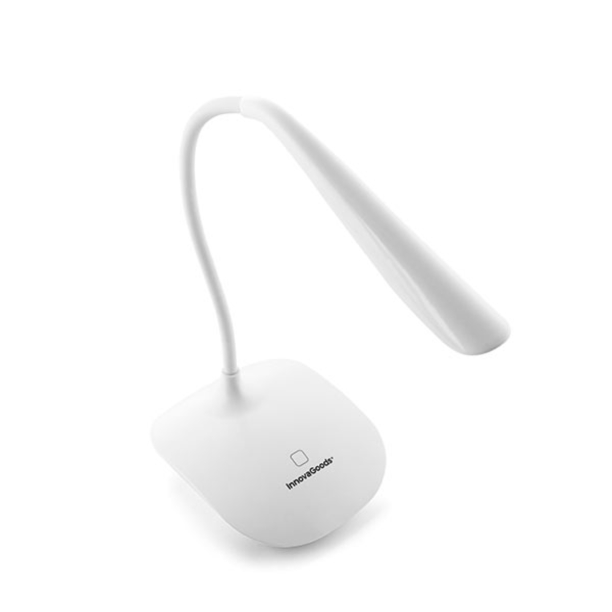 Lampada da scrivania bianca con braccio curvo e base quadrata, isolata.