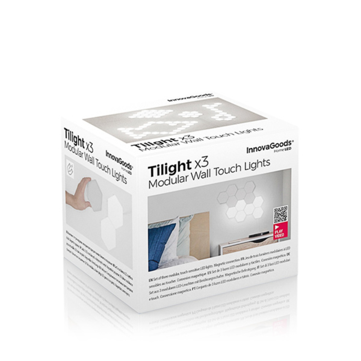 Caja blanca con el texto Tilight x3. Tiene algunos hexágonos dibujados. Fondo blanco.