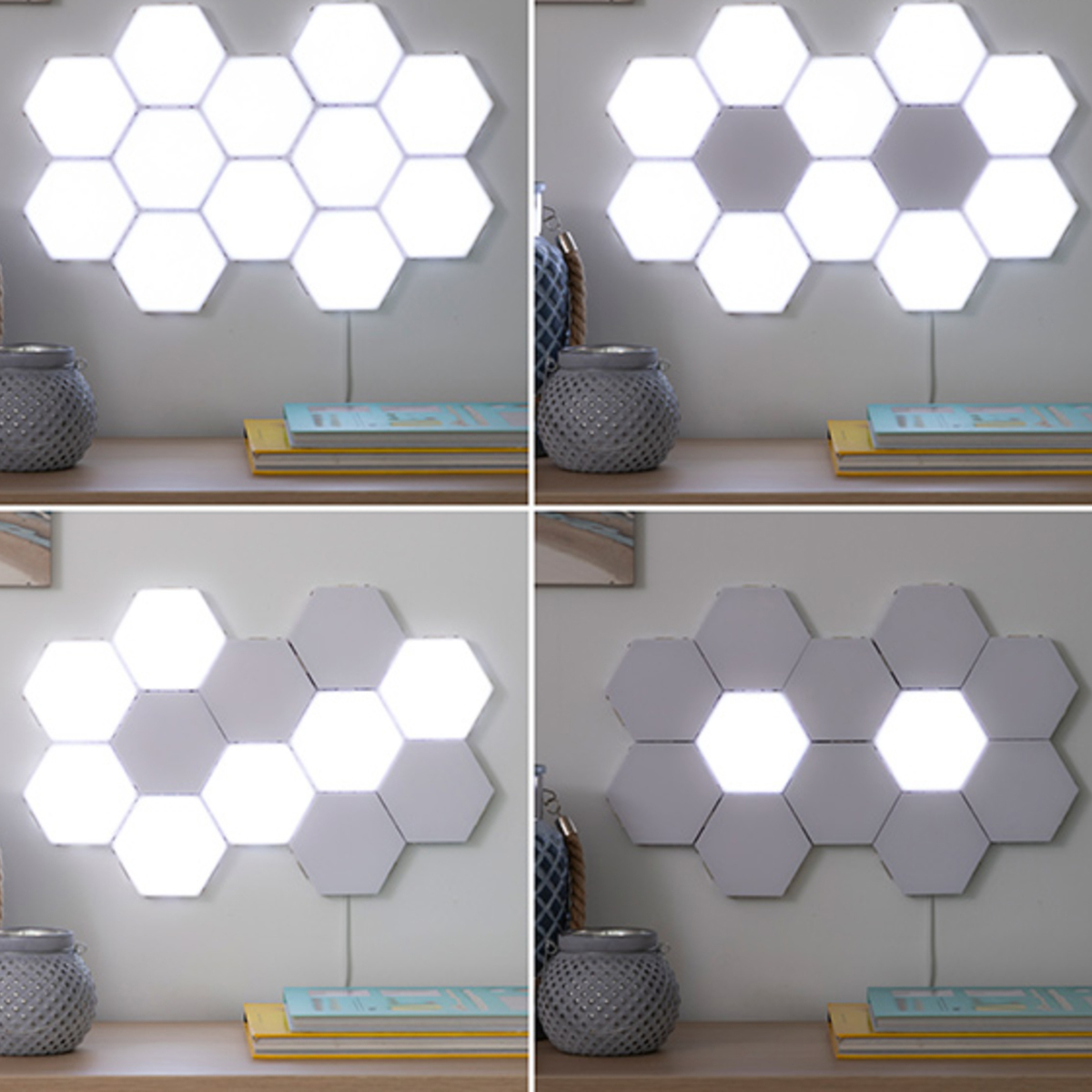 Cuatro imágenes de paneles LED hexagonales. Son blancos y emiten luz, dispuestos en una pared.