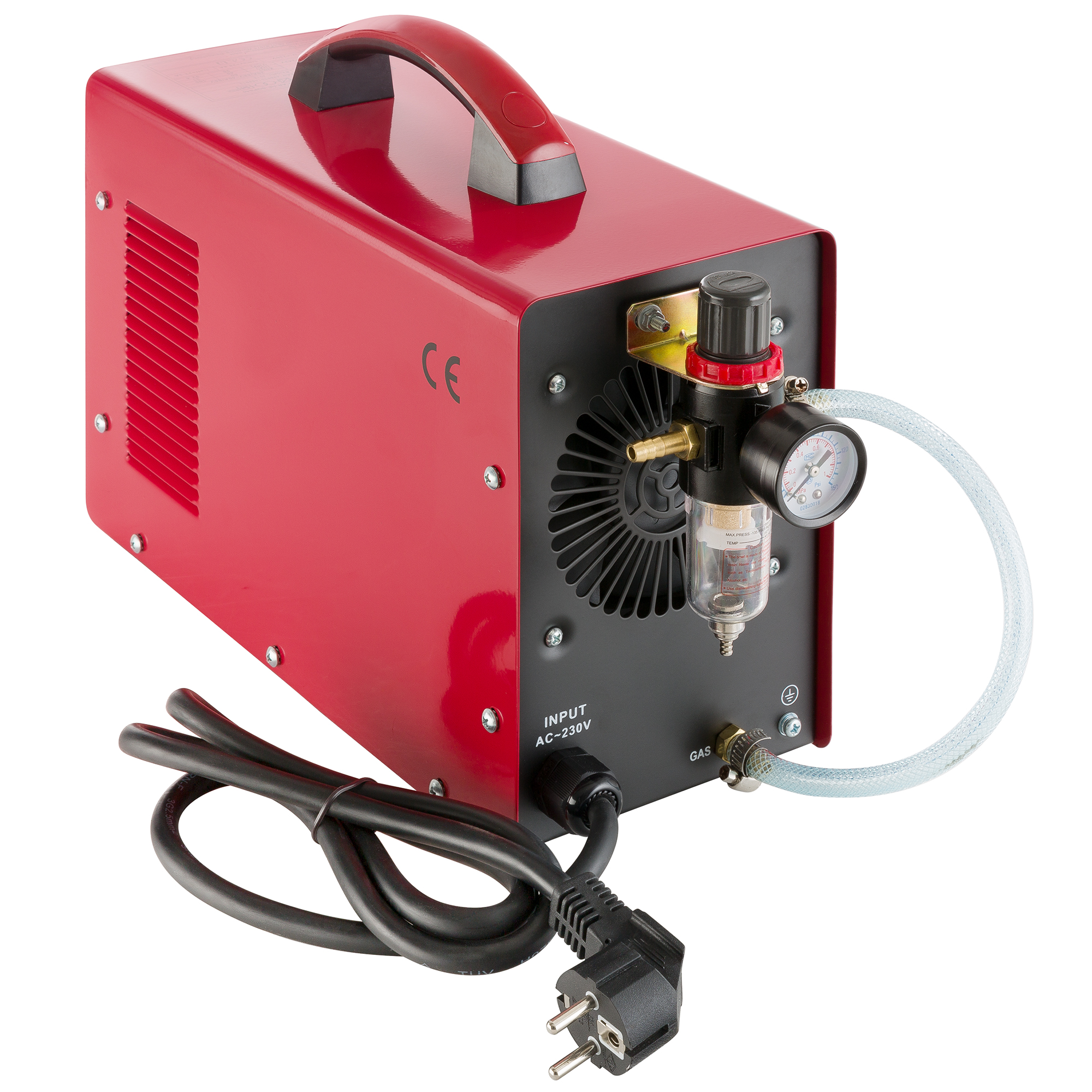 Roter Plasmaschneider mit schwarzem Kabel, Luftregler und Manometer. Weißer Hintergrund.