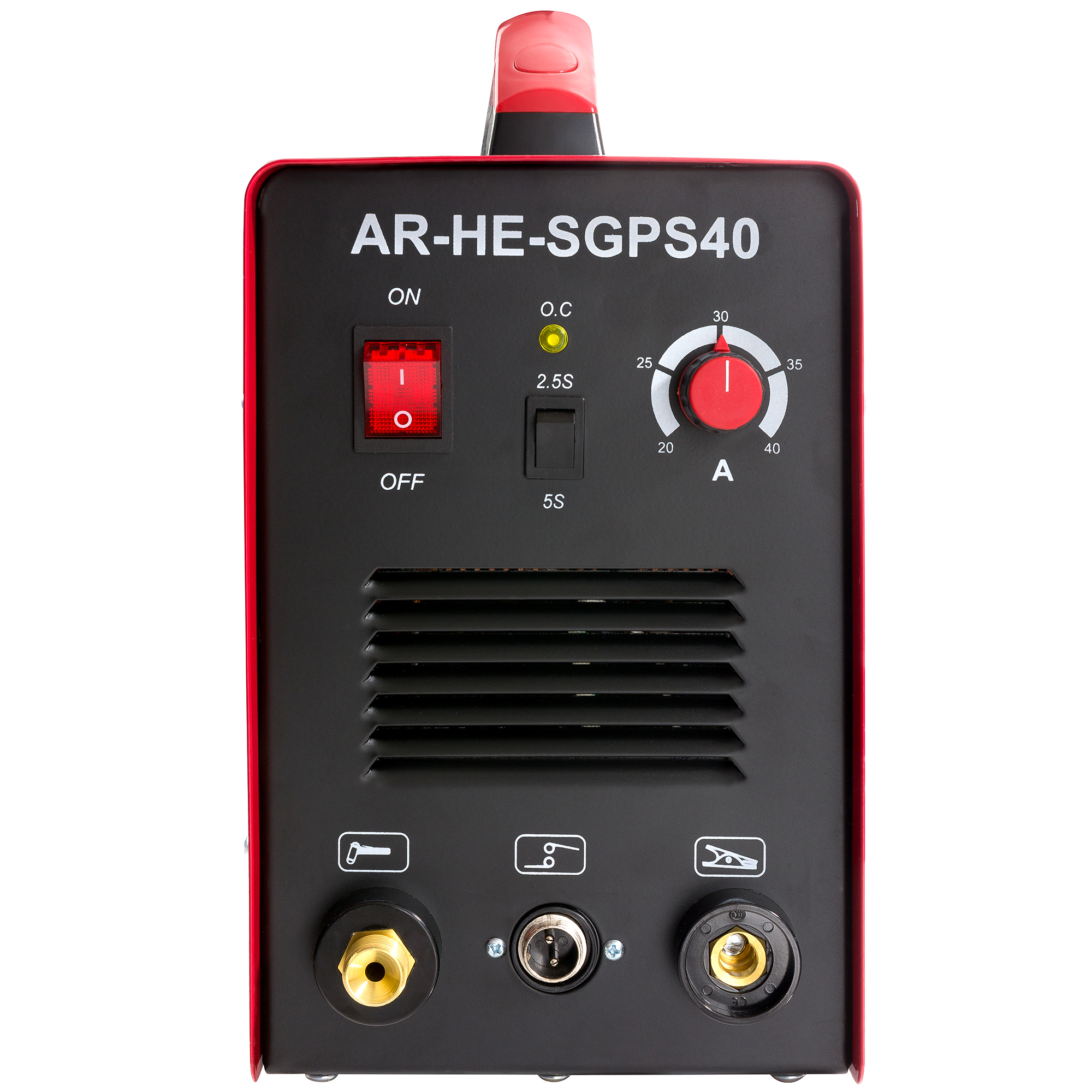 Rotes und schwarzes AR-HE-SGPS40 Schweißgerät mit Drehreglern und Schaltern. Weißer Hintergrund.