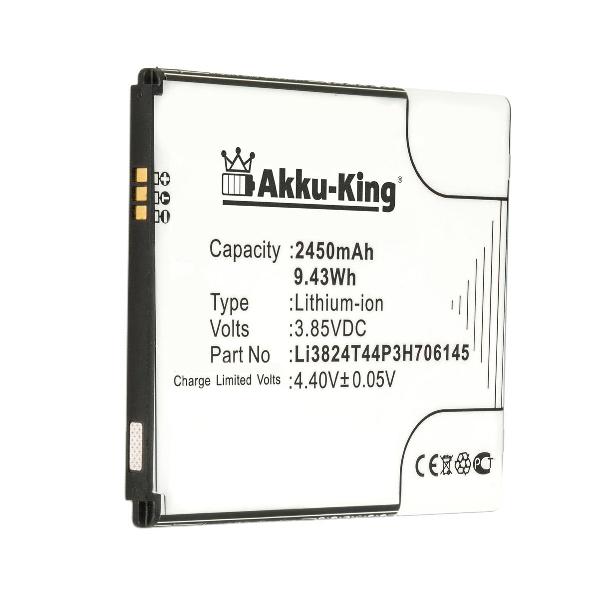 AKKU-KING Akku kompatibel mit ZTE Volt, Handy-Akku, 3.85 Li-Polymer Li3824T44P3H706145 2450mAh